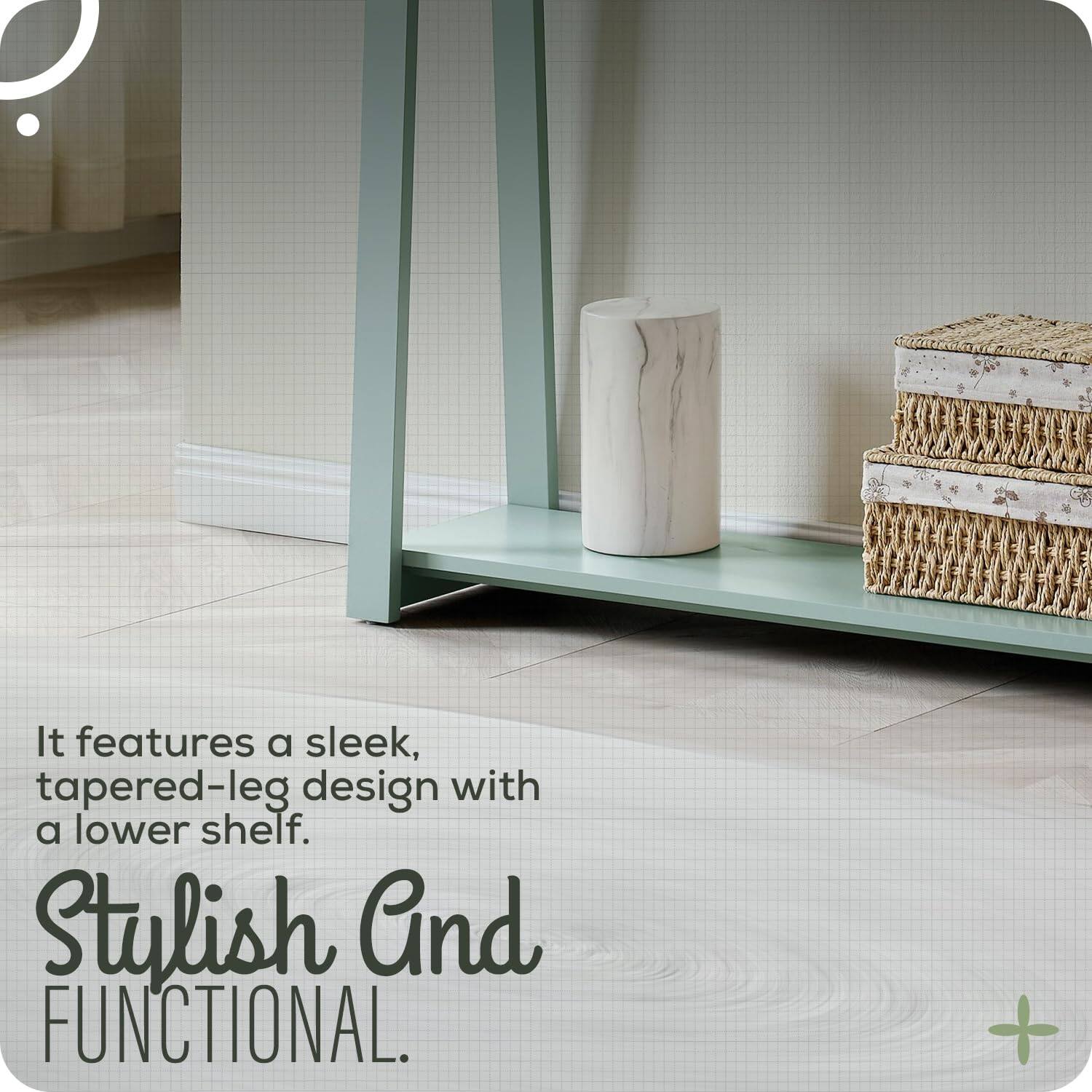 It features a sleek, tapered-leg design with a lower shelf.

Stylish And FUNCTIONAL.
