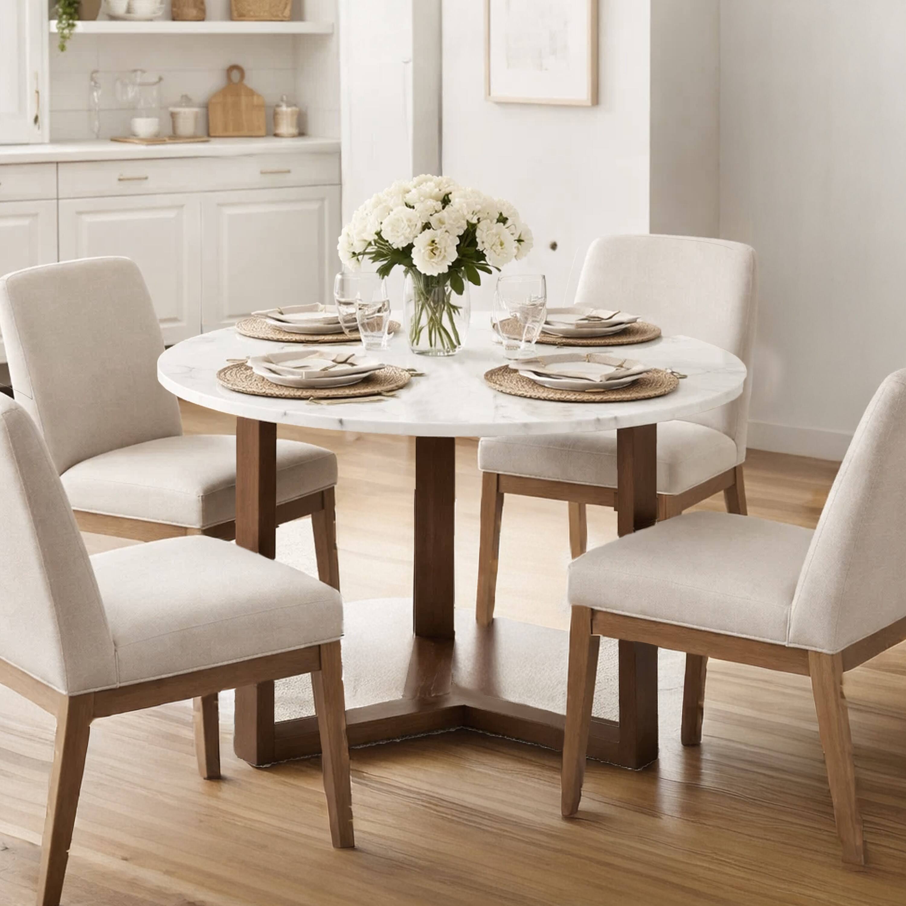 Alt View 9. Manhattan Lane - Fina 48 Inch Round Dining Table, White Genuine Marble Top, Natural Brown Mango Wood 3 Leg Sled Base - White, Natural Brown.