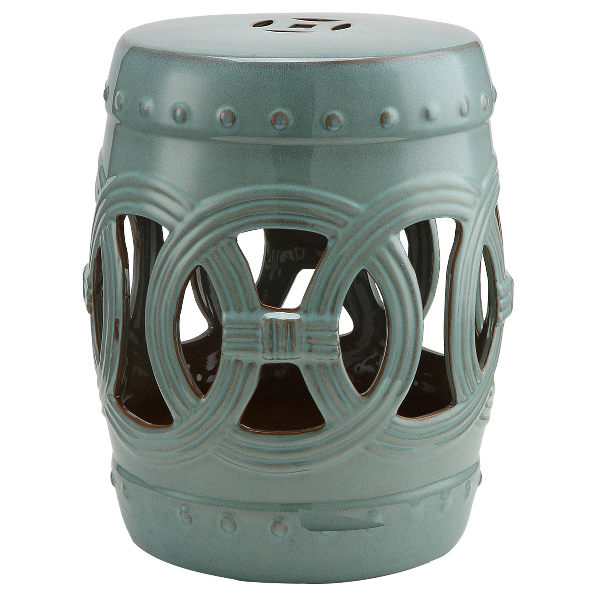 Outsunny - 14" x 17" Ceramic Garden Stool with Double-Coin Knotted Ring Design & Strong Glazed Material, Decorative Outdoor Stool - Antique-Blue Green