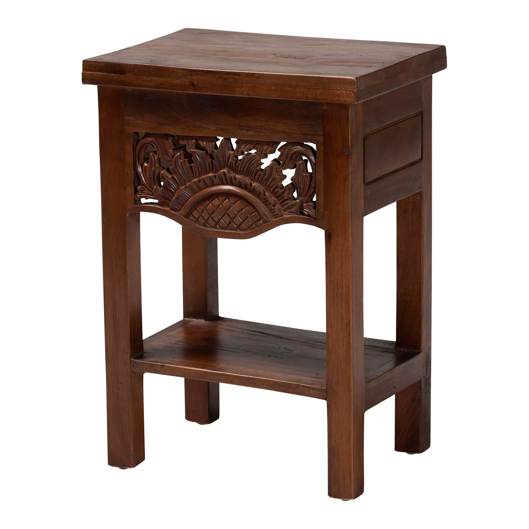 bali & pari - Alexandra Handcarved Mahogany Wood Nightstand – Decorative Accent Table with Lower Shelf, Traditional Artisan Furniture - Mahogany Brown