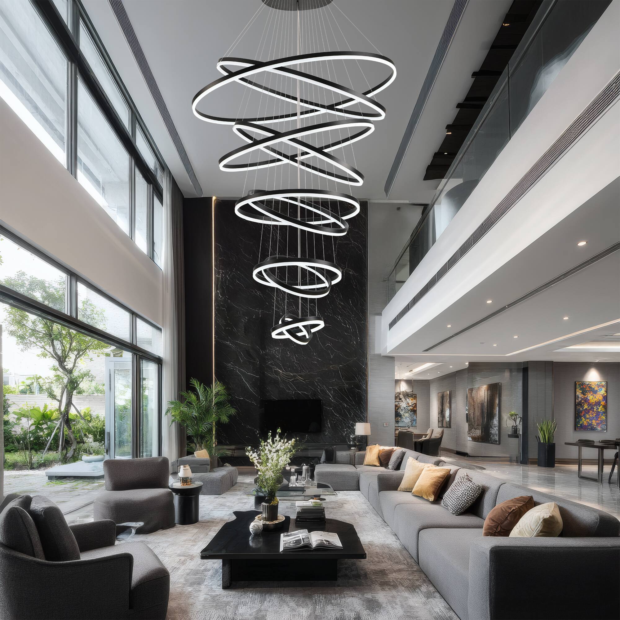 Alt View 1. RYHNUYNE - 10-Ring Modern LED Chandelier with Remote Adjustable Height Dimmable Pendant Light for High Ceilings Foyer Living Room - Black.