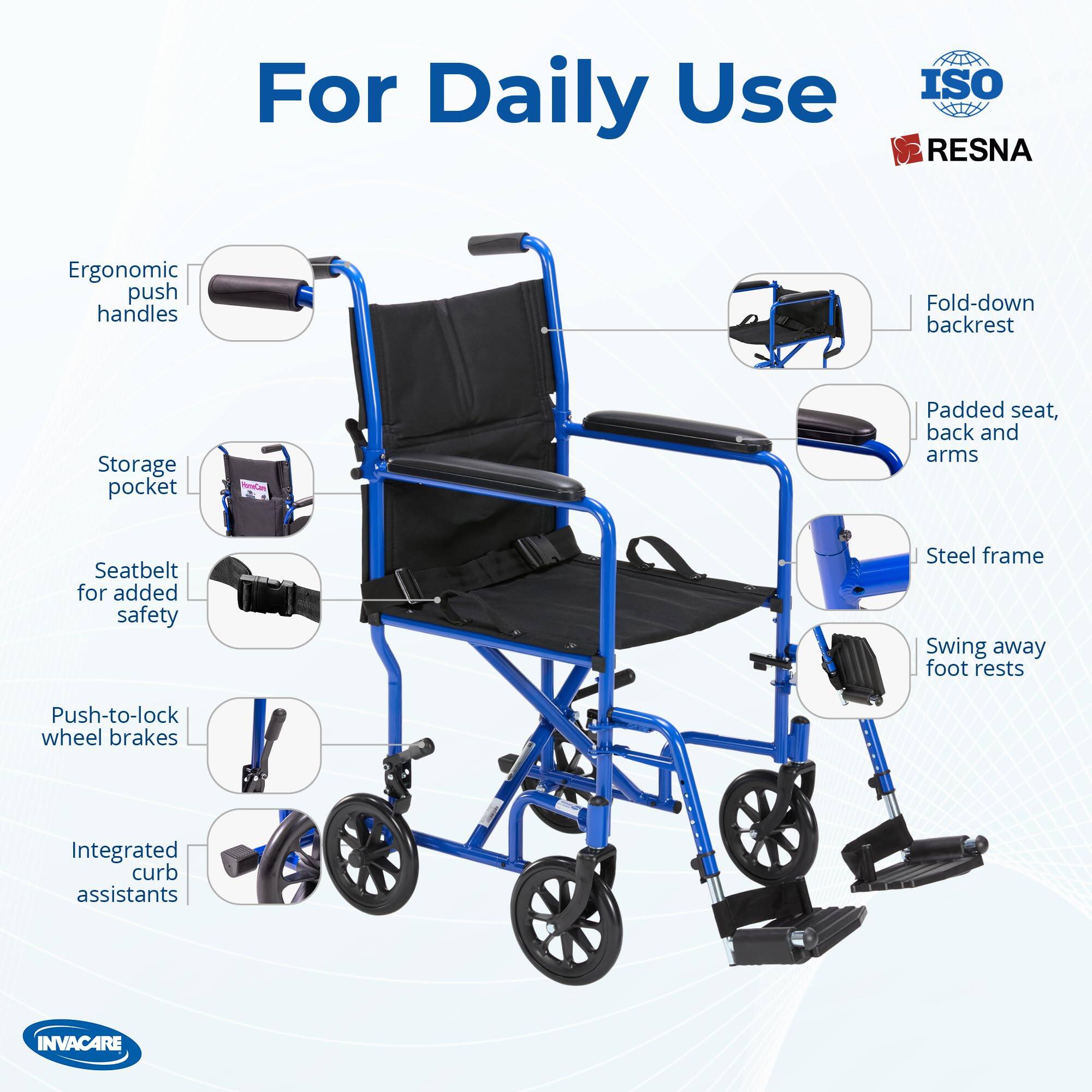 For Daily Use

ISO RESNA

- Ergonomic push handles
- Fold-down backrest
- Storage pocket
- Padded seat, back and arms
- Seatbelt for added safety
- Steel frame
- Swing away foot rests
- Push-to-lock wheel brakes
- Integrated curb assistants

INVACARE