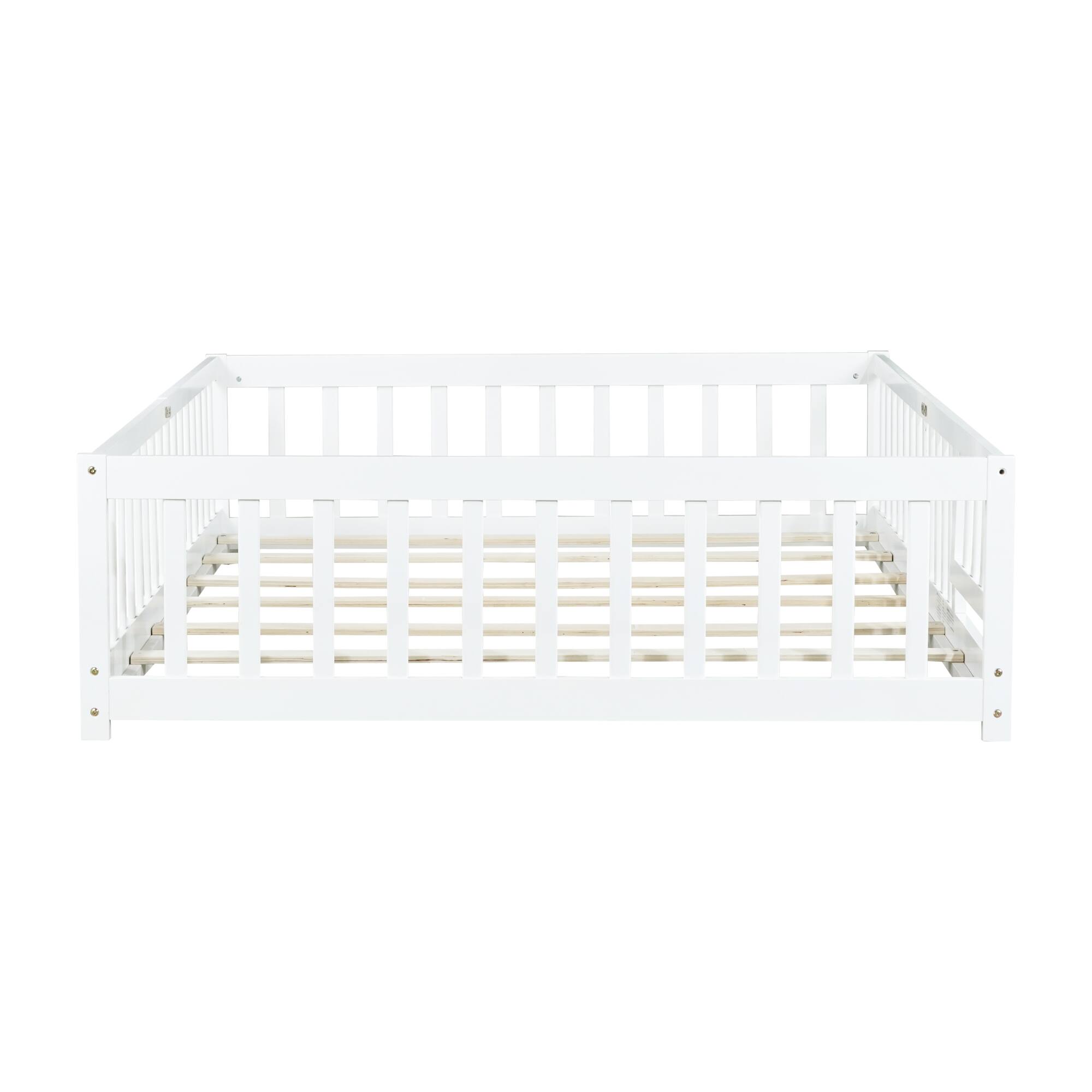 Back. GOODSILO - Full Size Floor Bed with Safety Fence and Revolving Door for Children, Sturdy Rubber Wood Construction - White.
