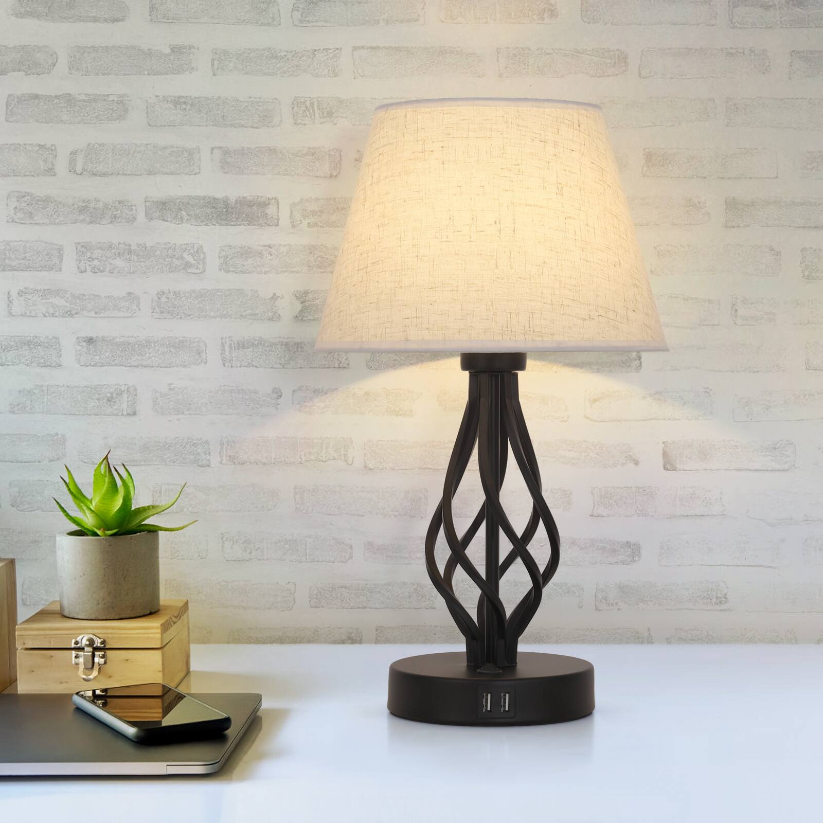 Alt View 2. Oumilen - Twisted Metal Frame Table Lamp with USB Charging Port & Linen Shade.
