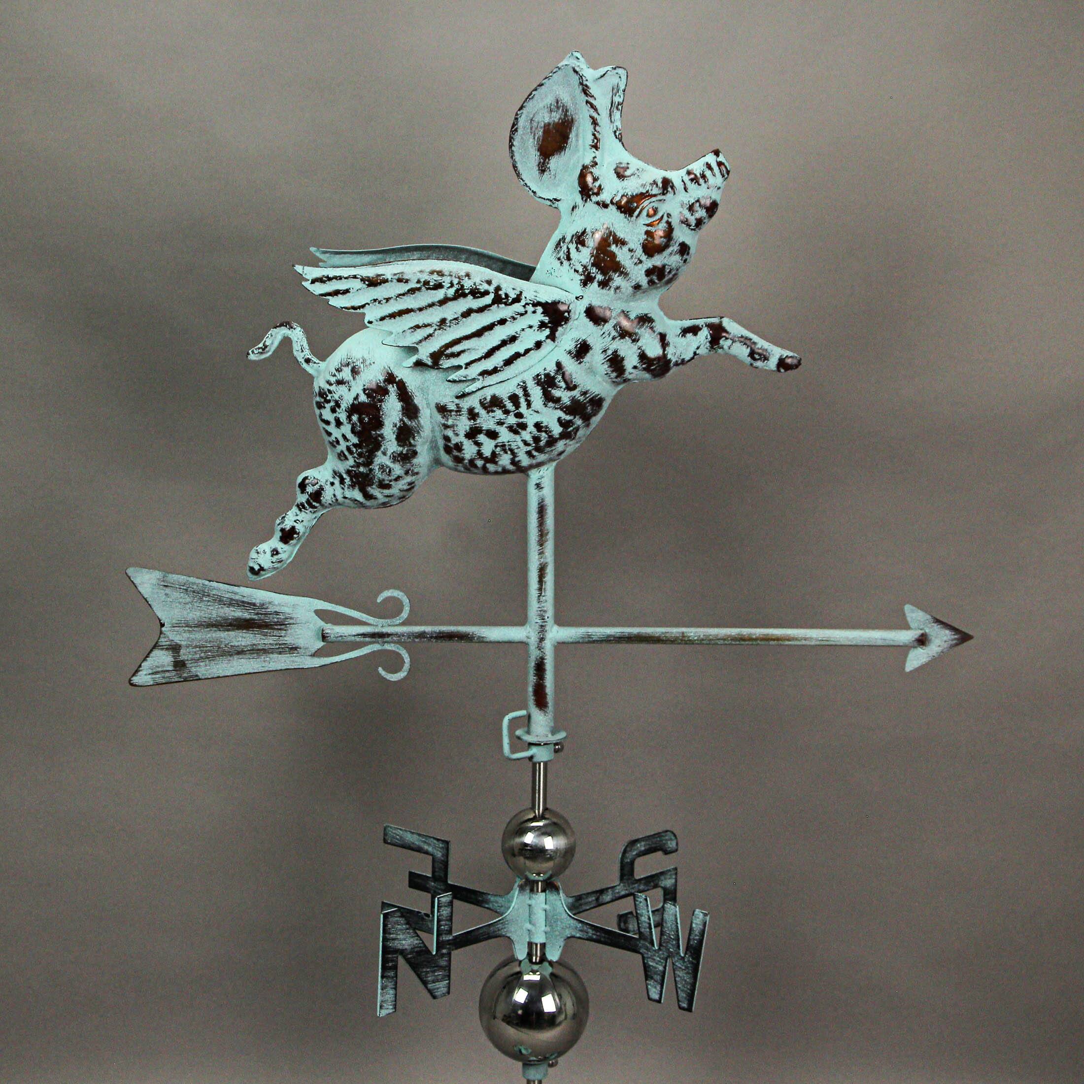 Alt View 5. Things2Die4 - Verdigris Copper Flying Pig Weathervane Roof Mount Home Garden Decor Art Sculpture - Teal.