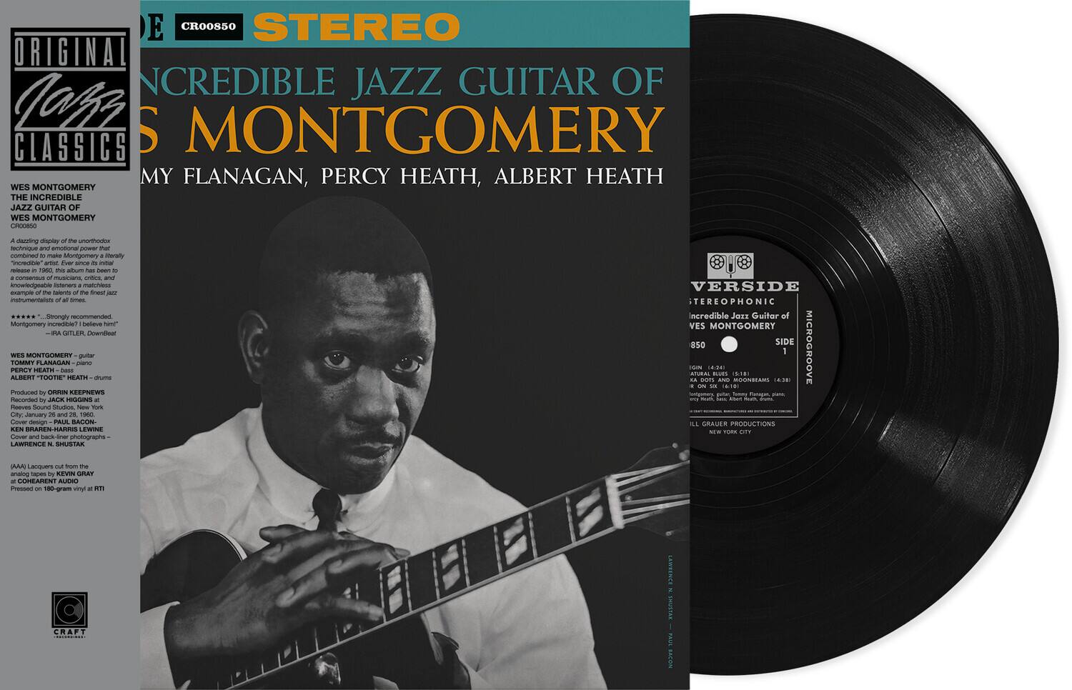 **Front Cover:**

**STEREO**

**INCREDIBLE JAZZ GUITAR OF WES MONTGOMERY**

**MY FLANAGAN, PERCY HEATH, ALBERT HEATH**

**WES MONTGOMERY**  
THE INCREDIBLE  
JAZZ GUITAR OF  
WES MONTGOMERY

A dazzling display of the unorthodox technique and emotional power that combined to make Montgomery a literally "incredible" artist. Ever since its initial release in 1960, this album has been a consensus of musicians, critics, and knowledgeable listeners' matchless example of the talents of the finest jazz instrumentalists of all time. Strongly recommended.

Montgomery incredible? Believe him!  
—JAZZ REVIEW

**WES MONTGOMERY** guitar  
**TOMMY FLANAGAN** piano  
**PERCY HEATH** bass  
**ALBERT "TOOTE" HEATH** drums

Produced by ORRIN KEEPNEWS  
Recorded by JACK HIGGINS at Reeves Sound Studios, New York City, January 26 and 28, 1960.

Cover design PAUL BACON  
KEN BAREN