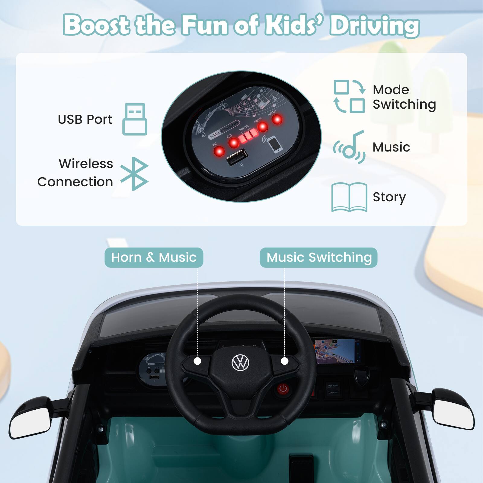 Boost the Fun of Kids' Driving

- USB Port
- Wireless Connection
- Mode Switching
- Music
- Story
- Horn & Music
- Music Switching