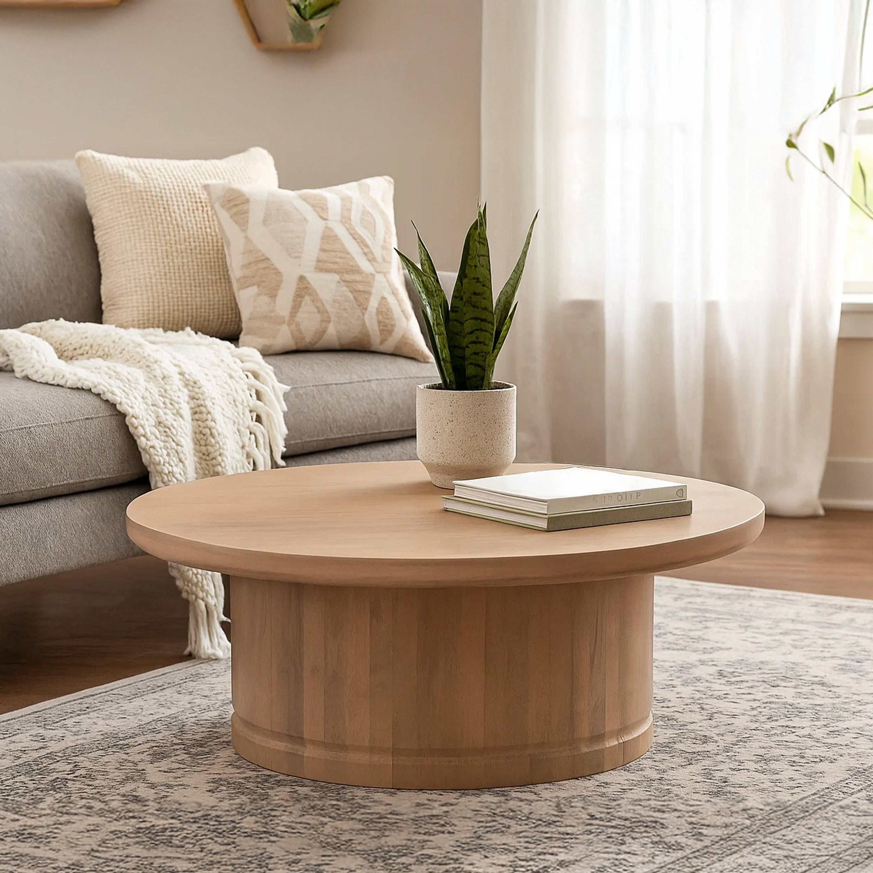 Alt View 6. Manhattan Lane - Bela Coffee Table | 47 Inch Round Top | Handcrafted Beige Mango Wood Pedestal Base - Beige.