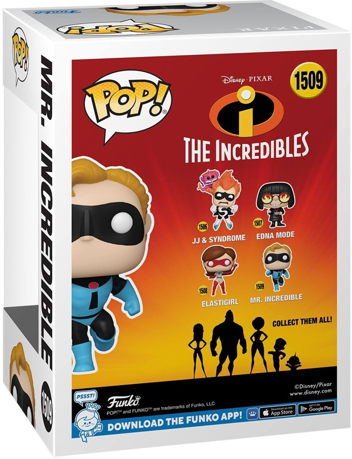Disney PIXAR, 1509, MR POP!, i, THE INCREDIBLES, 1507, 1506, EDNA MODE, JJ & SYNDROME, INCREDIBLE, 1508, ELASTIGIRL, MR., 1509, COLLECT THEM ALL!, Disney/Pixar, PSSST!, www.disney.com, Funko, LLC, trademarks of, Funko, LLC, - te GeT on, Play, FUNKO, are Duntpad, Google, POPM, and App Store, FUNKO APP!, DOWNLOAD THE