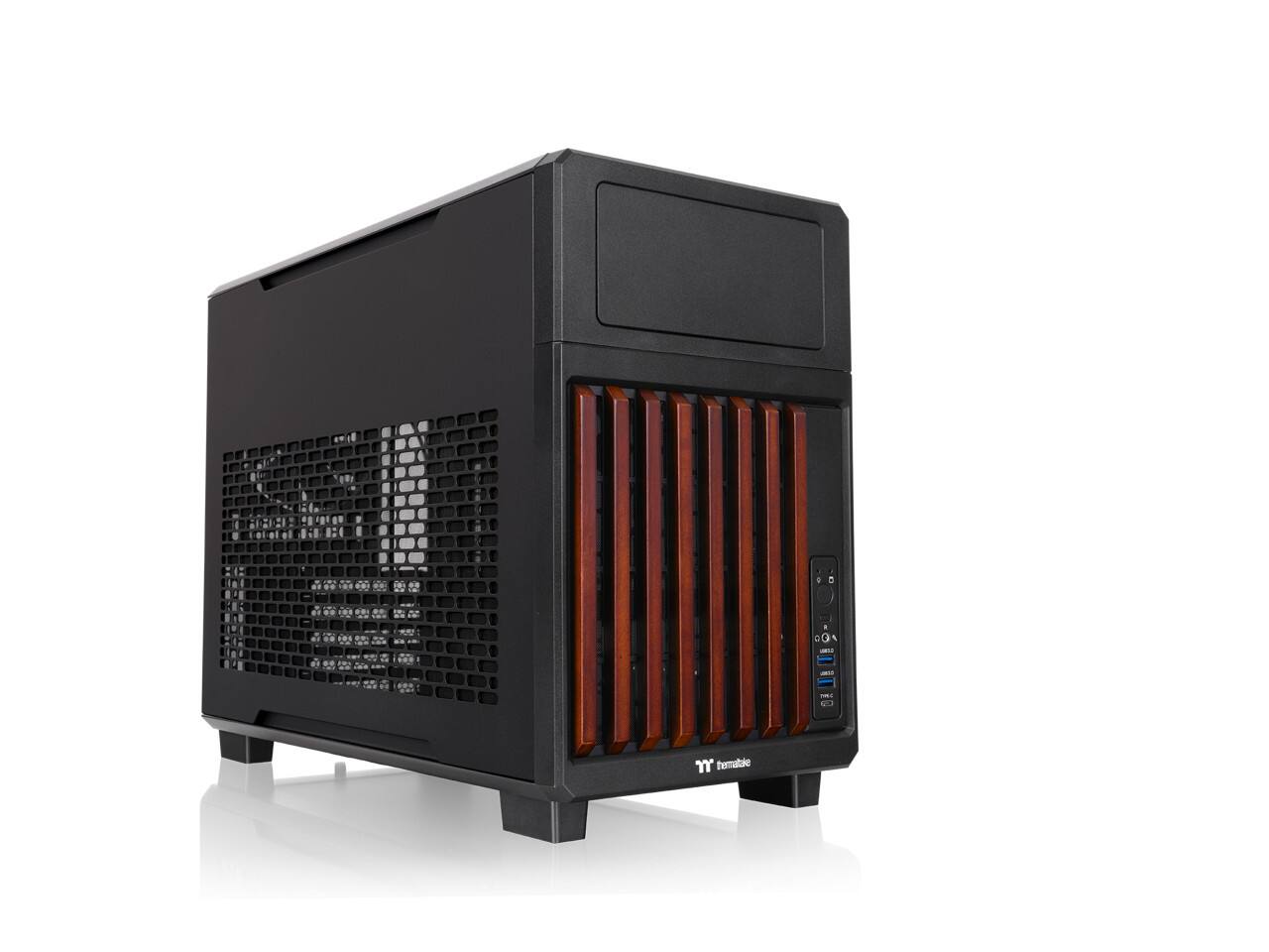 Angle. Thermaltake - Thermaltake TR200 WS; Micro Chassis; Wood Trim; mATX/mITX; 360mm Rad; 365mm GPU; Black; CA-11L-00S1NN-WS - Black.
