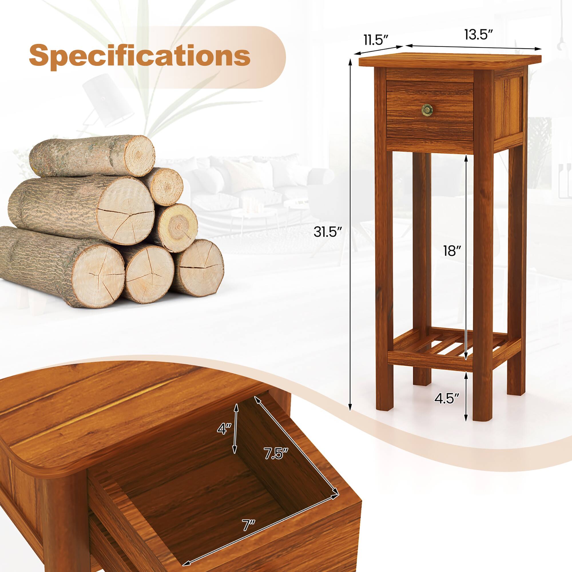 Specifications

- 11.5"
- 13.5"
- 31.5"
- 18"
- 4.5"
- 4"
- 7.5"
- 7"