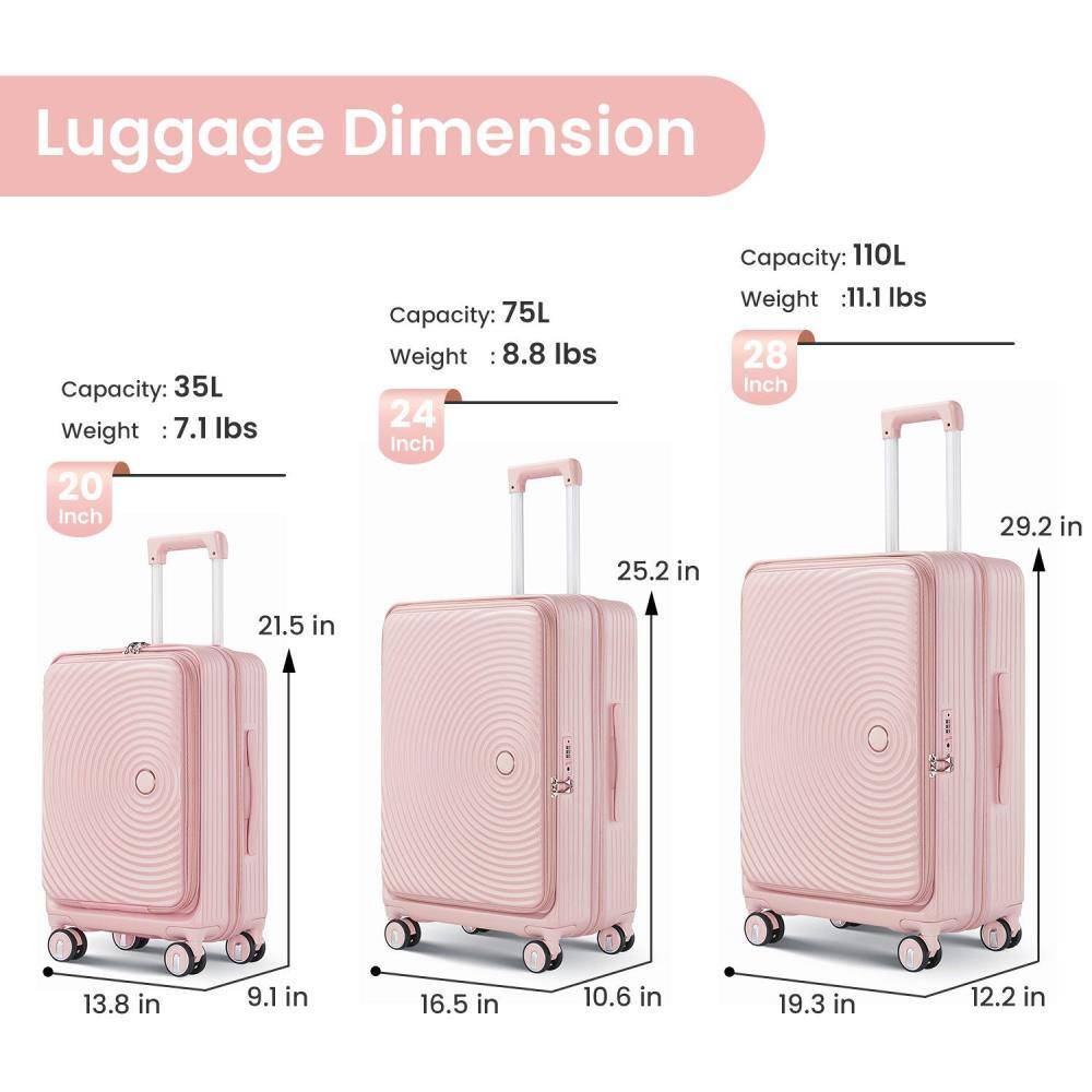 Luggage Dimension

20 Inch
- Capacity: 35L
- Weight: 7.1 lbs
- Dimensions: 13.8 in x 9.1 in x 21.5 in

24 Inch
- Capacity: 75L
- Weight: 8.8 lbs
- Dimensions: 16.5 in x 10.6 in x 25.2 in

28 Inch
- Capacity: 110L
- Weight: 11.1 lbs
- Dimensions: 19.3 in x 12.2 in x 29.2 in