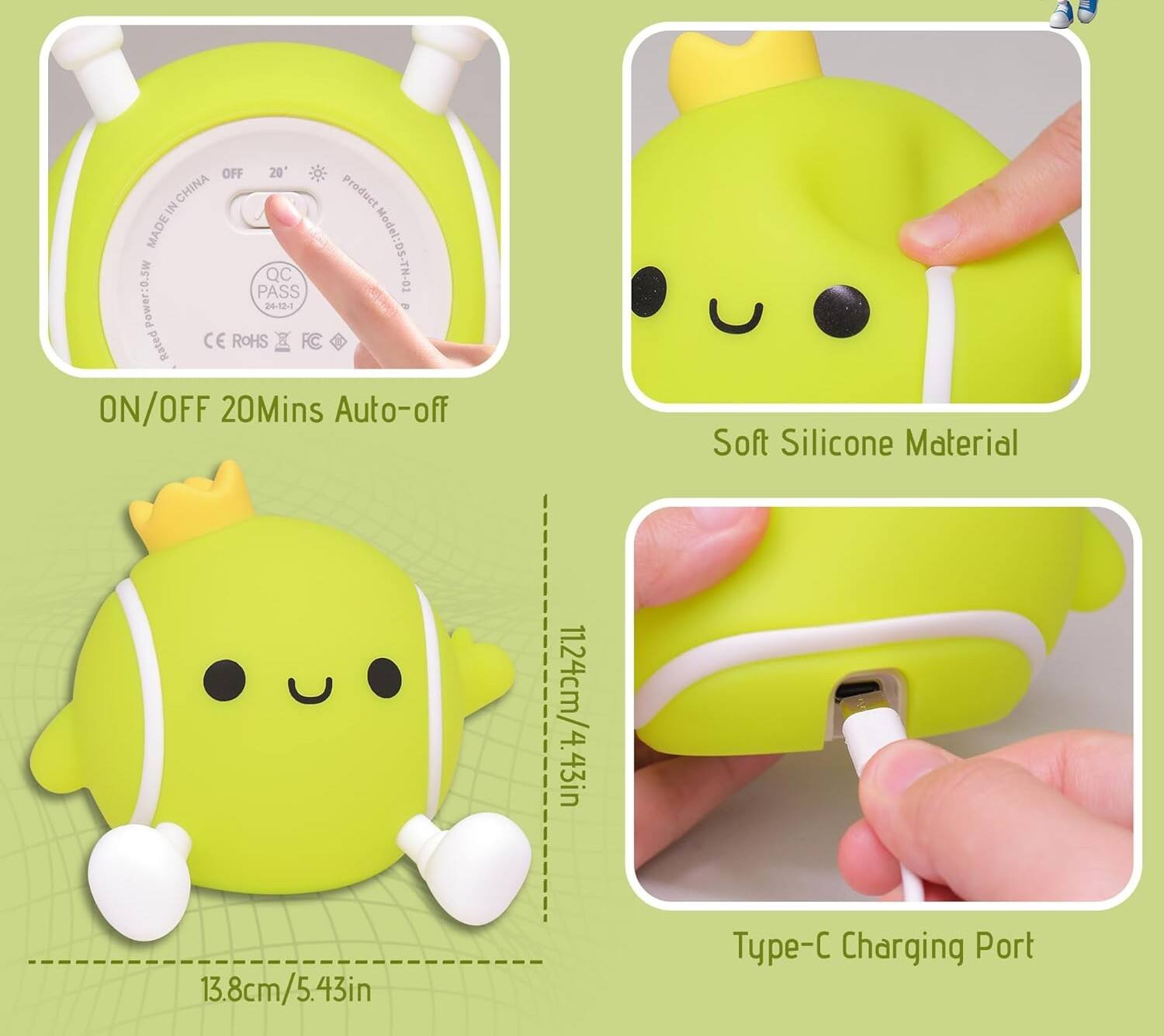 - OFF 20 CHINA Product IN MADE Model: D5-TN-01 QC Power: 0.5W PASS 24-12-1 10 Rated CE ROHS FC ON/OFF 20Mins Auto-off Soft Silicone Material 11.24cm/4.43in 43in 13.8cm/5.43in Type-C Charging Port

- ON/OFF 20Mins Auto-off

- Soft Silicone Material

- Type-C Charging Port

- 11.24cm/4.43in

- 13.8cm/5.43in