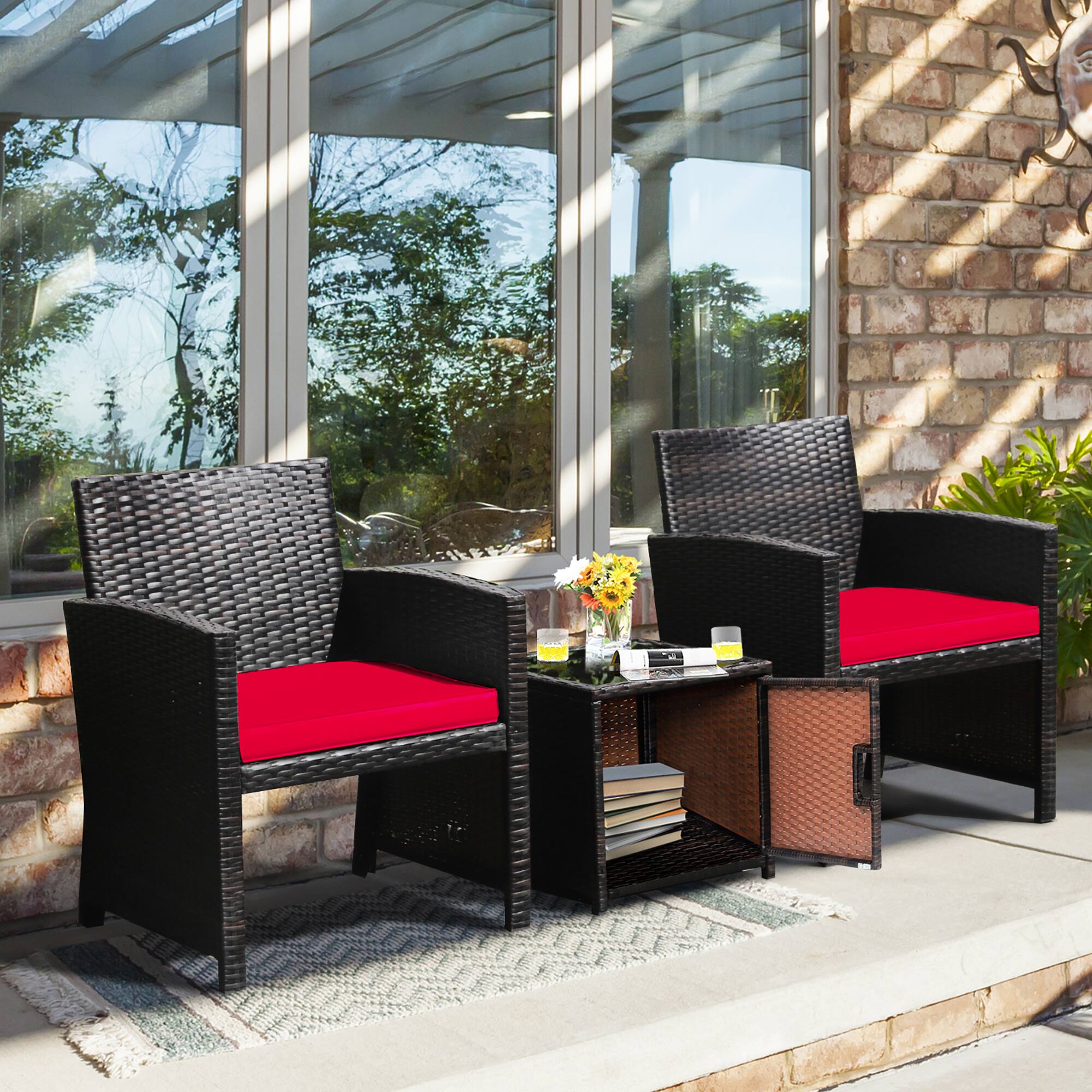 Alt View 3. Costway - 3PCS Patio Wicker Furniture Set Storage Table W/Protect Cover - Red,Mix Brown.