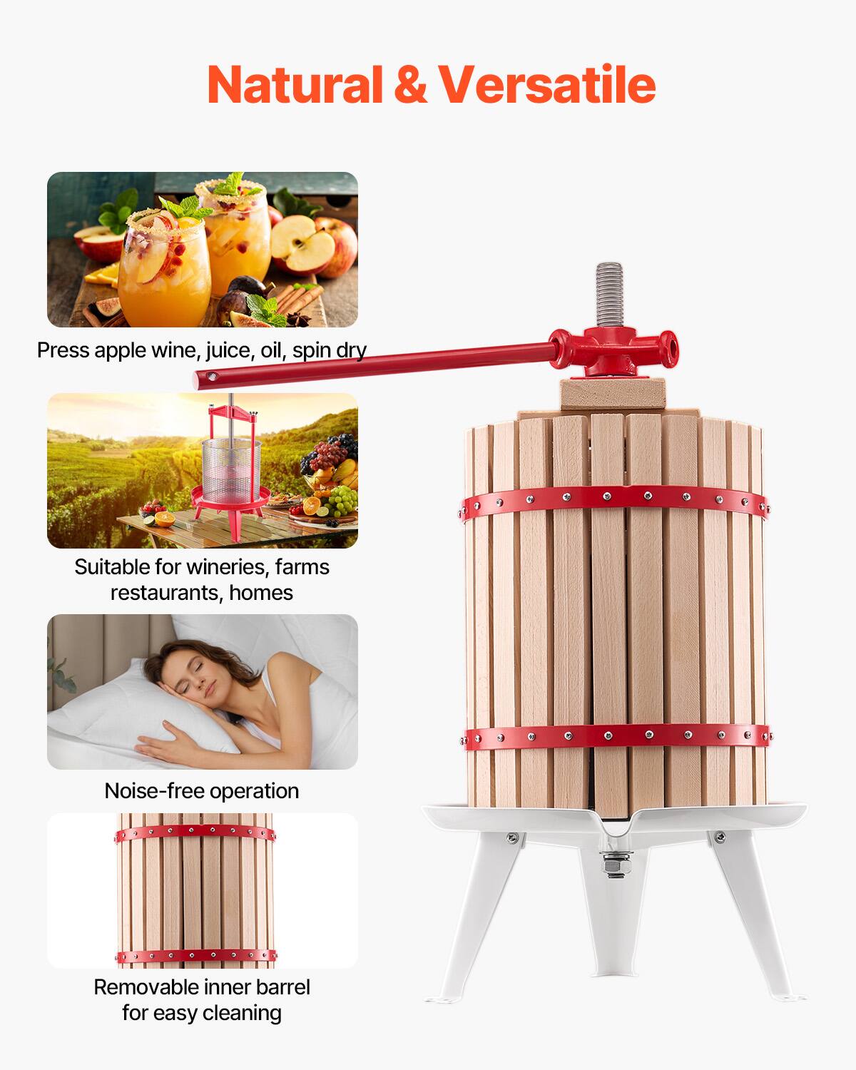 Natural & Versatile

Press apple wine, juice, oil, spin dry

Suitable for wineries, farms restaurants, homes

Noise-free operation

Removable inner barrel for easy cleaning