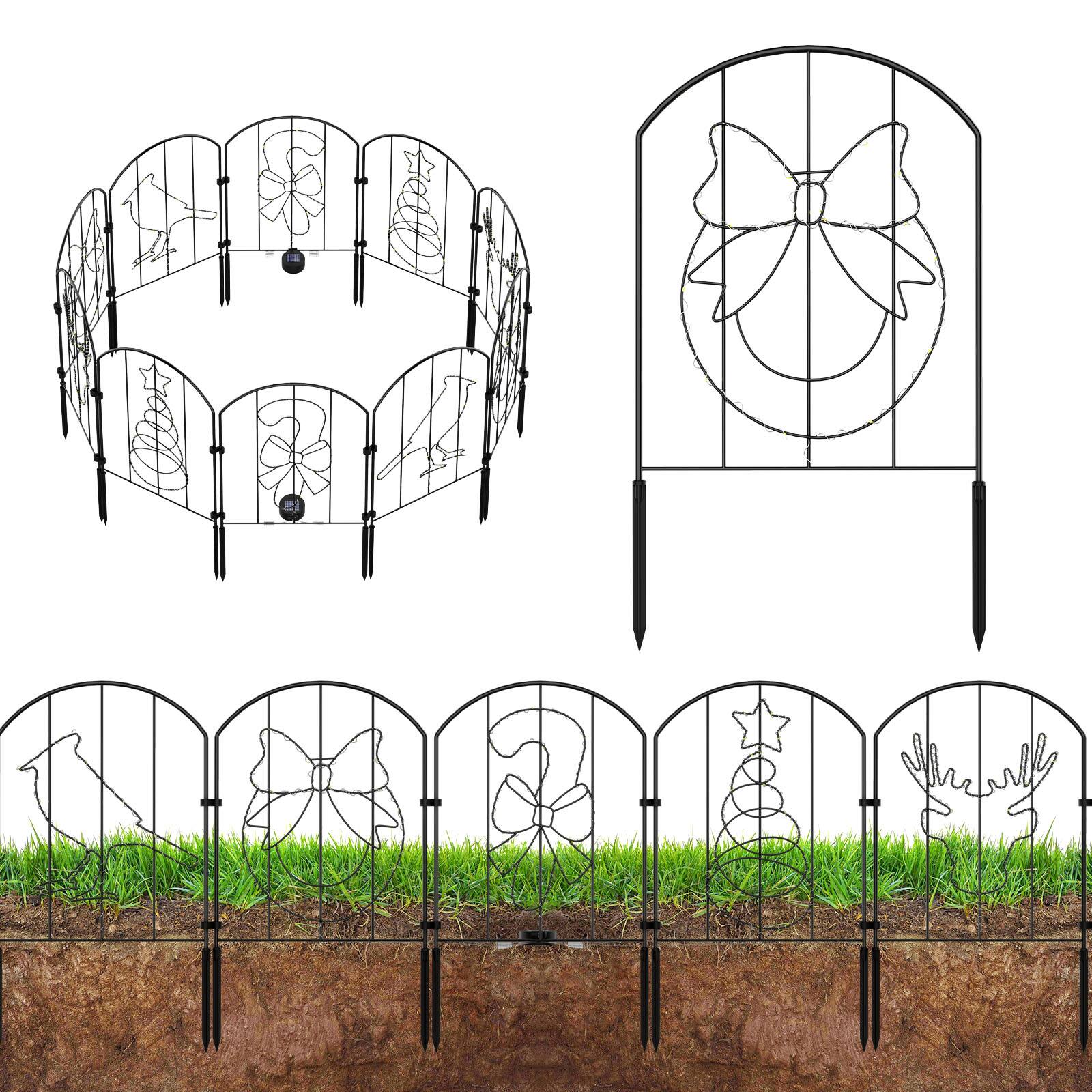 Angle. Oumilen - 10‑Pack Solar Christmas Garden Fence Lights – 10FT Metal Panels, Warm White LED 5‑Pattern Outdoor Holiday Yard Decor.