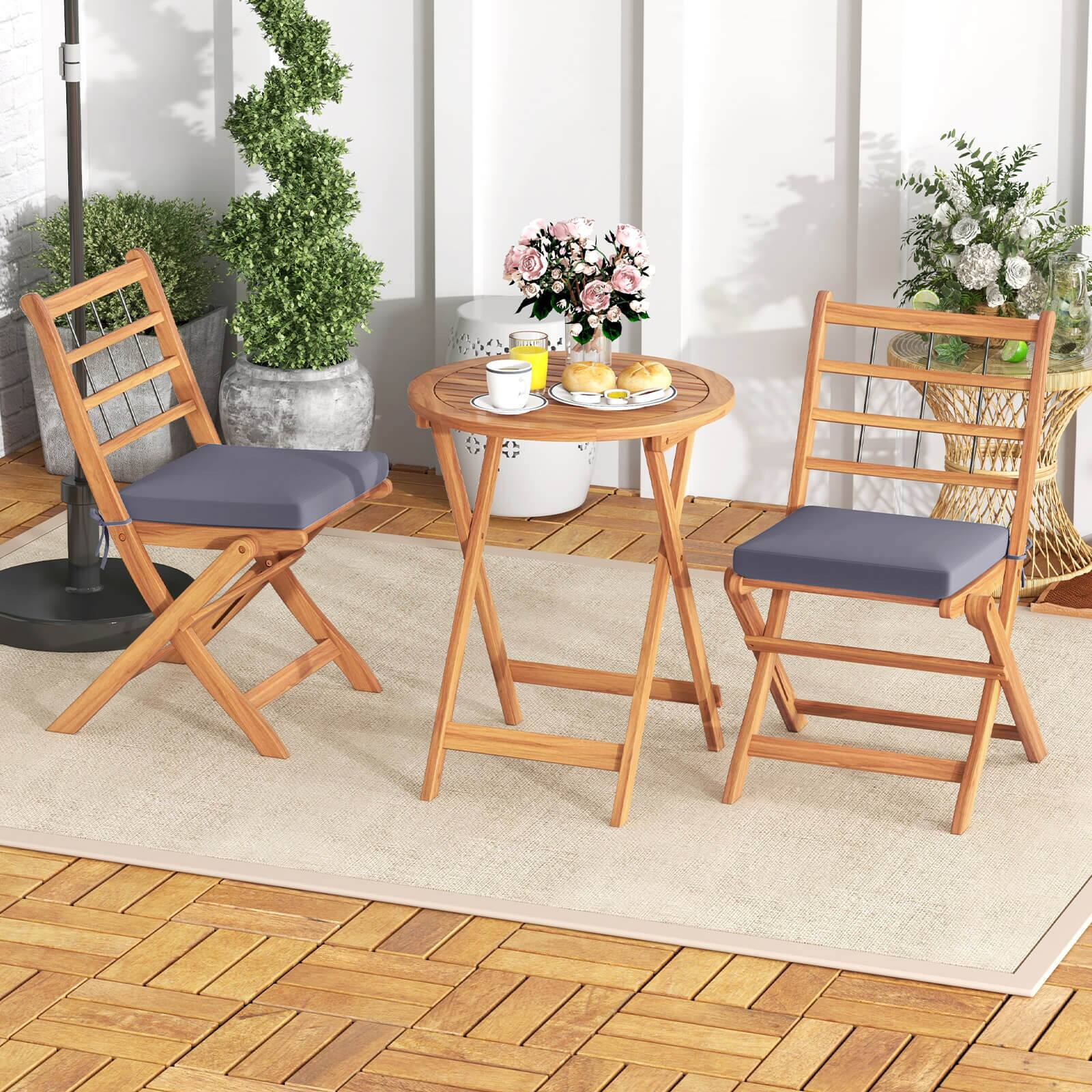 Alt View 3. Costway - 3 PCS Acacia Wood Patio Bistro Set Folding Table and Chairs Set with Cushions - Gray,Natural.