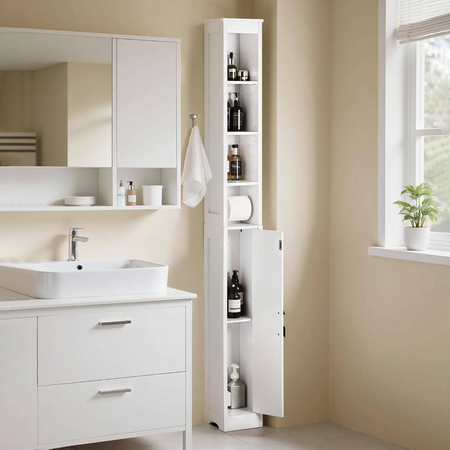 Alt View 1. Vecelo - Tall Slim Bathroom Storage Cabinet, Freestanding Waterproof Linen Tower with Adjustable Shelves for Small Spaces - Classic.