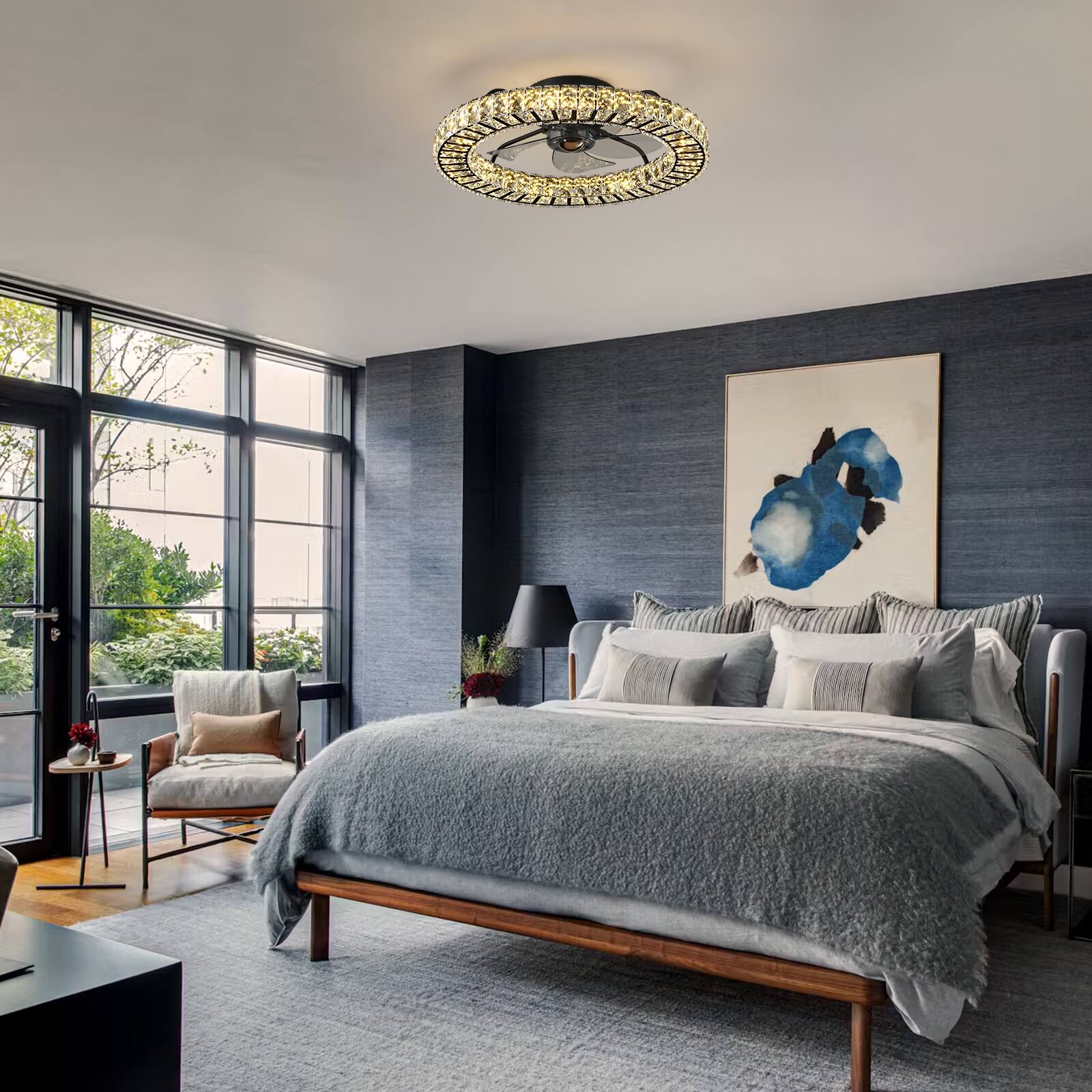 Alt View 1. Siljoy - 22 Inch Black Crystal Ceiling Fan with Light, Dimmable LED Low Profile Flush Mount Fan with Remote for Bedroom - BLACK.