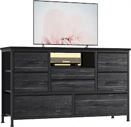 GARVEE - 8 Drawer TV Stand, Power Outlet, LED, 47" Media Console, Storage Chest, Bedroom, Living Room - Black