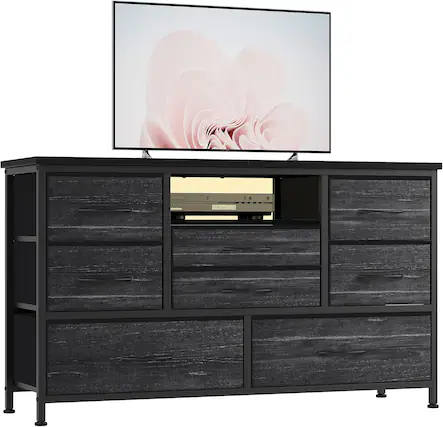 Front. GARVEE - 8 Drawer TV Stand, Power Outlet, LED, 47" Media Console, Storage Chest, Bedroom, Living Room, Black - Black.