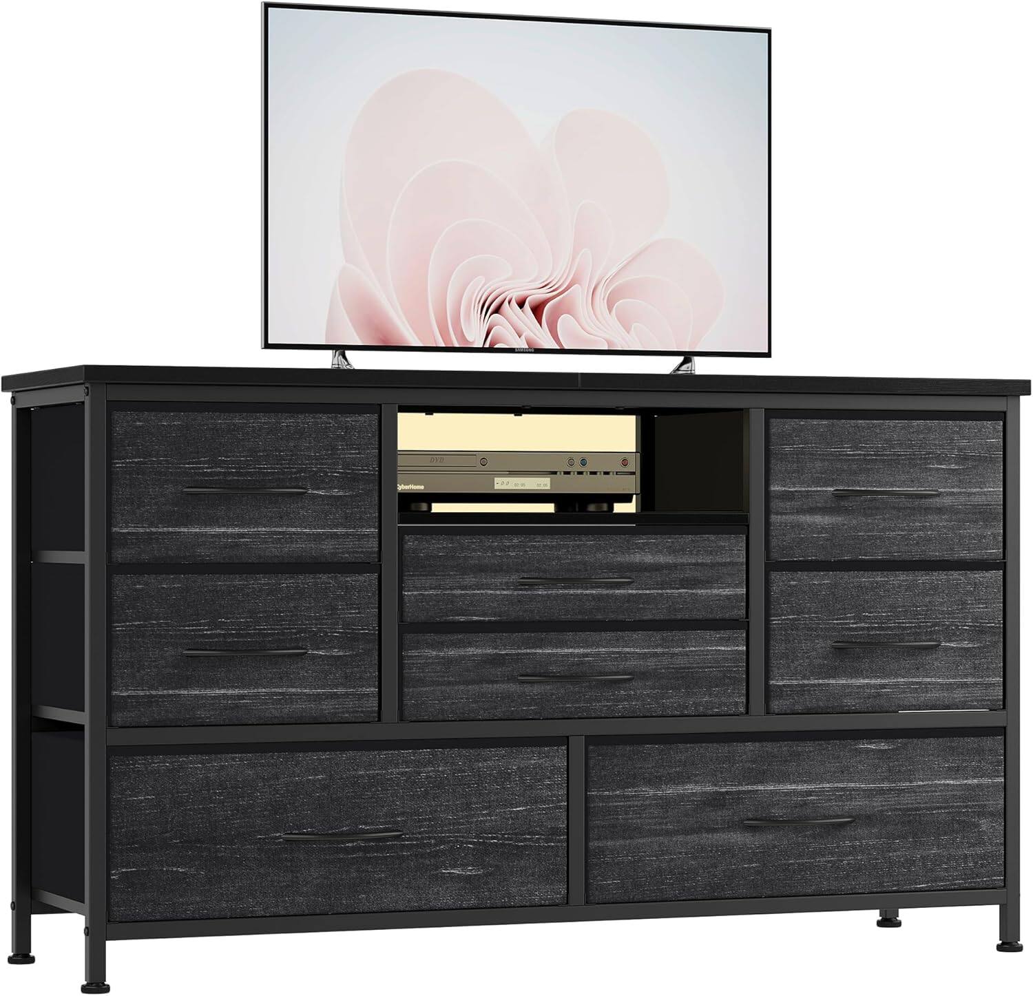 Front. GARVEE - 8 Drawer TV Stand, Power Outlet, LED, 47" Media Console, Storage Chest, Bedroom, Living Room, Black - Black.