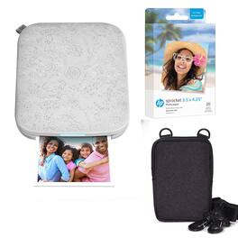 HP - 3x4 Portable Printer - Instant Photo Printer, Case and Zink Paper Bundle - White