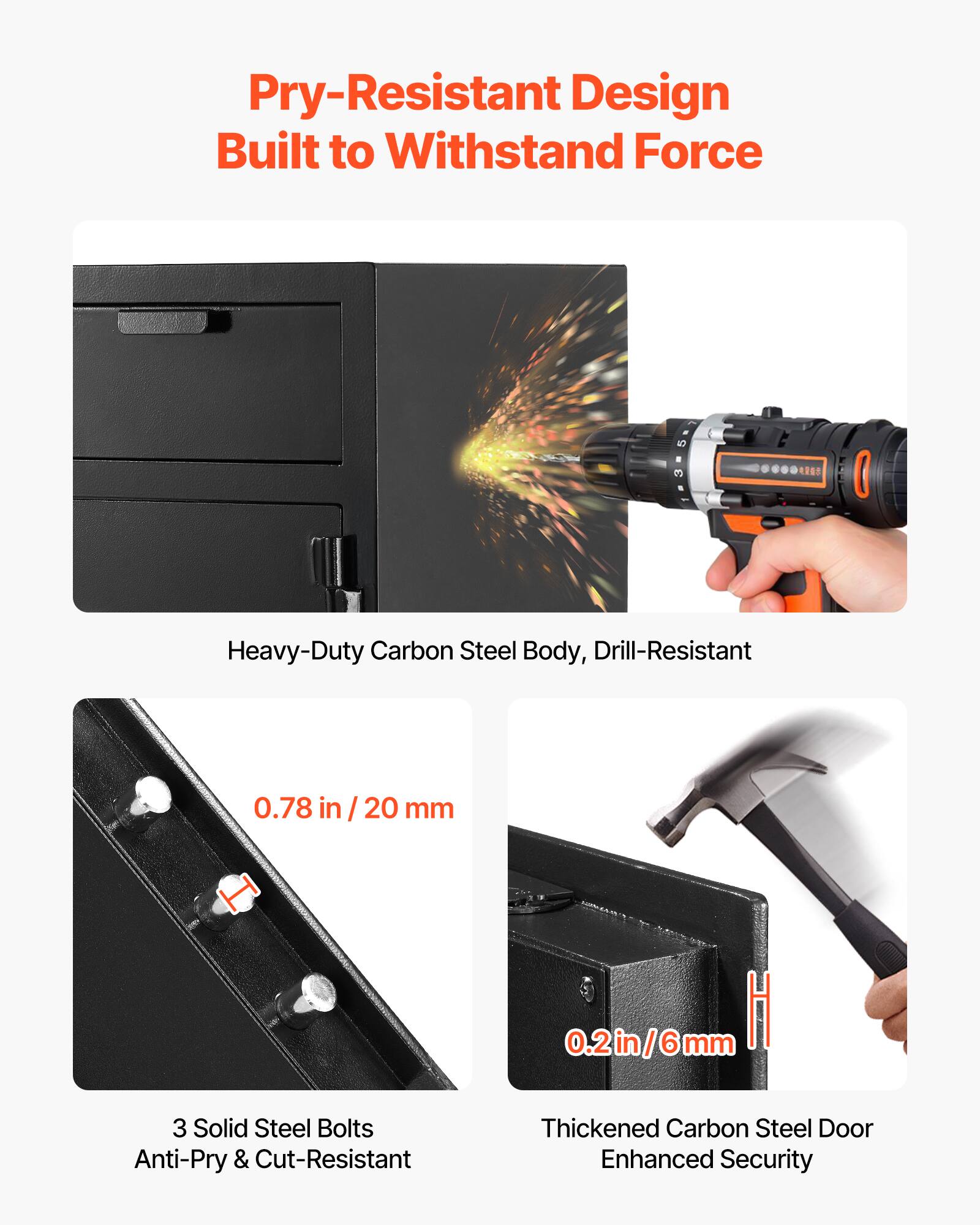 Pry-Resistant Design Built to Withstand Force

Heavy-Duty Carbon Steel Body, Drill-Resistant

0.78 in / 20 mm

3 Solid Steel Bolts Anti-Pry & Cut-Resistant

0.2 in / 6 mm

Thickened Carbon Steel Door Enhanced Security