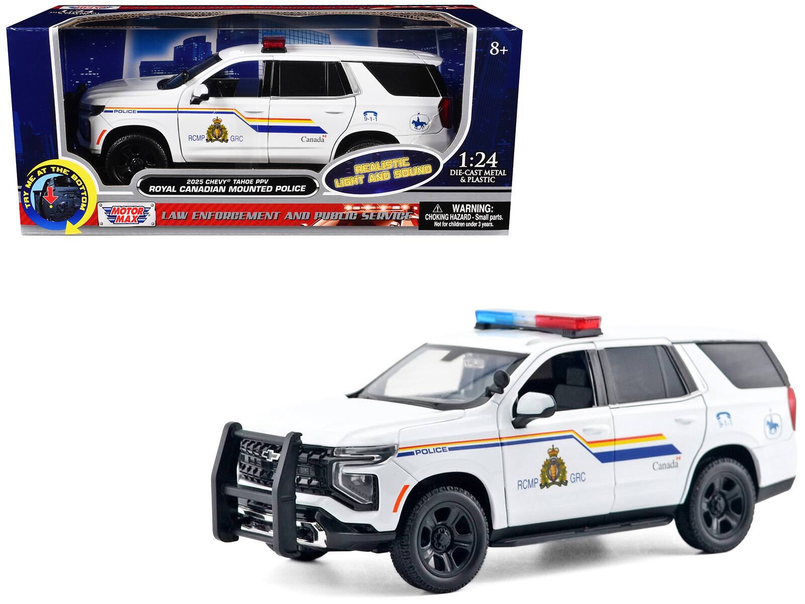2025 Chevrolet Tahoe PPV "RCMP" White with Stripes with Light Bar and Lights and Sounds 1/24 Model Car by Motormax