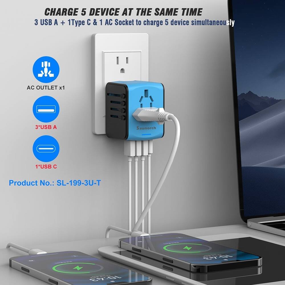 CHARGE 5 DEVICE AT THE SAME TIME  
3 USB A + 1Type C & 1 AC Socket to charge 5 device simultaneously  

AC OUTLET x1  
3*USB A  
1*USB C  

Product No.: SL-199-3U-T