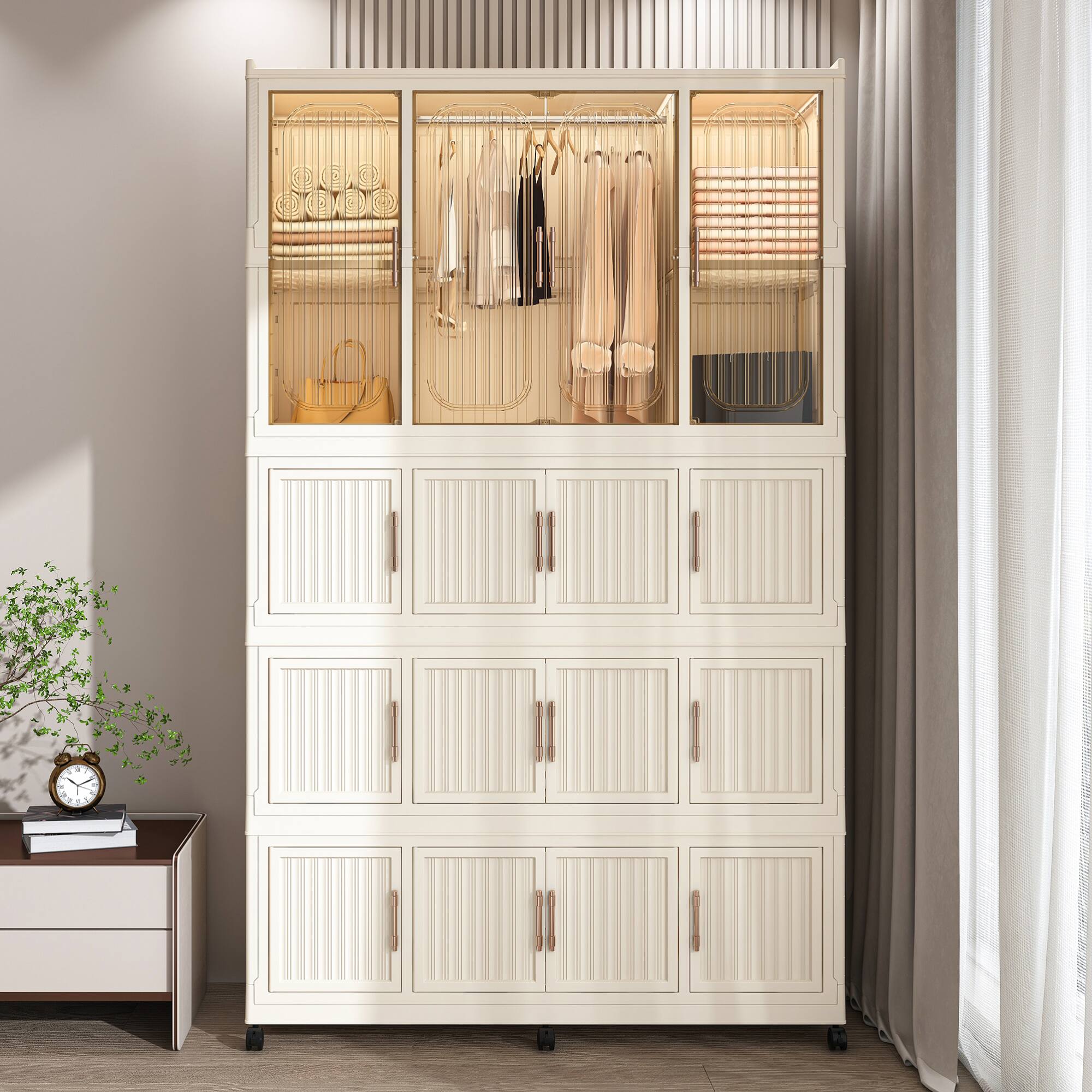 Back. GOODSILO - Portable Wardrobe Closet Storage Organizer with 17 Magnetic Doors, Multiple Cubes and Hanging Rod for Home Organization - Cream White.