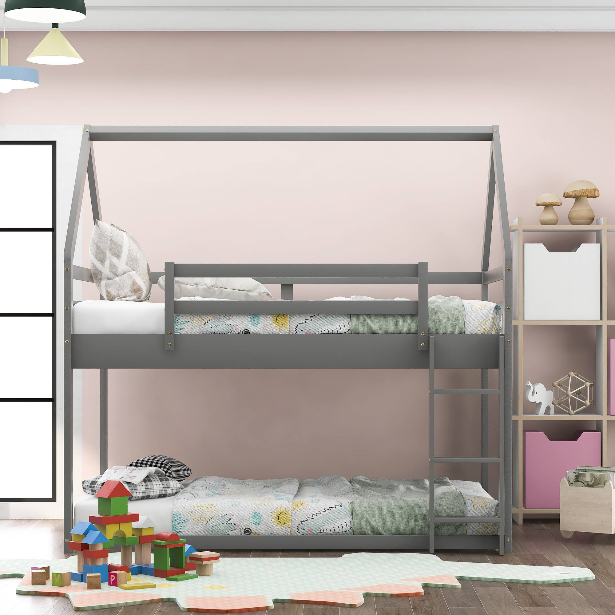 Left. Aukfa - Twin over Twin Low Bunk Bed, House Bed with Ladder - Gray.