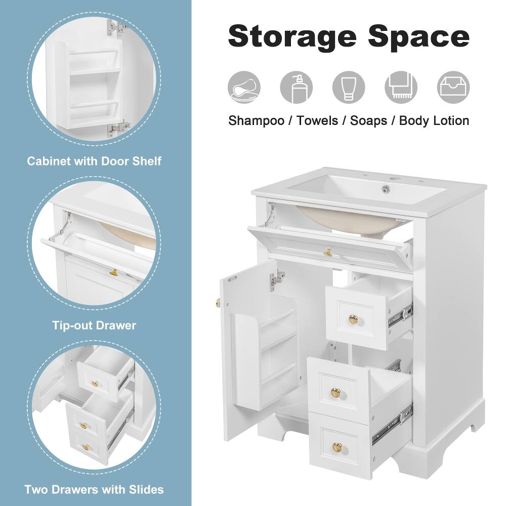 Storage Space

Shampoo / Towels / Soaps / Body Lotion

Cabinet with Door Shelf

Tip-out Drawer

Two Drawers with Slides