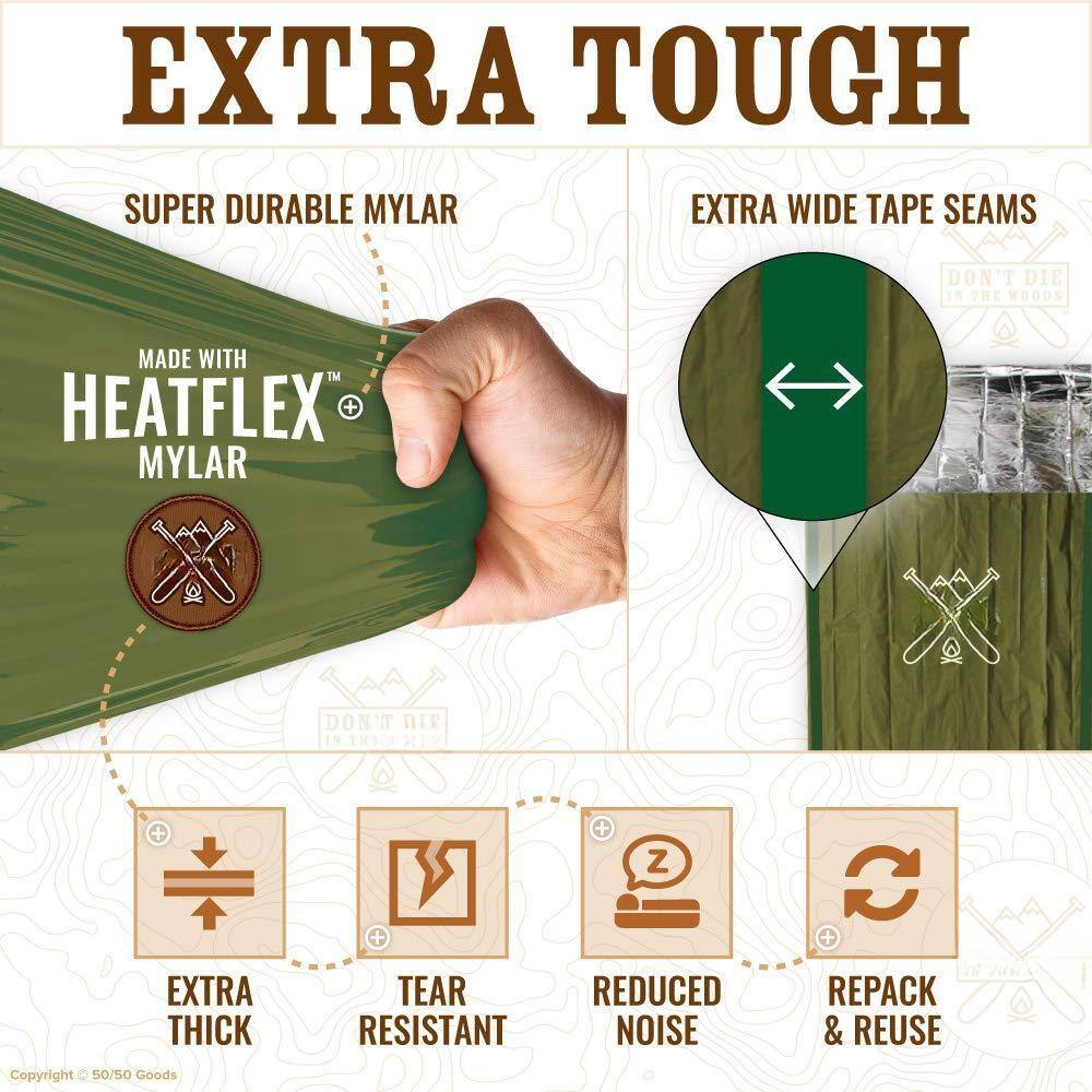 EXTRA TOUGH

SUPER DURABLE MYLAR

MADE WITH HEATFLEX™ + MYLAR

EXTRA WIDE TAPE SEAMS

EXTRA THICK

TEAR RESISTANT

REDUCED NOISE

REPACK & REUSE

Copyright © 50/50 Goods
