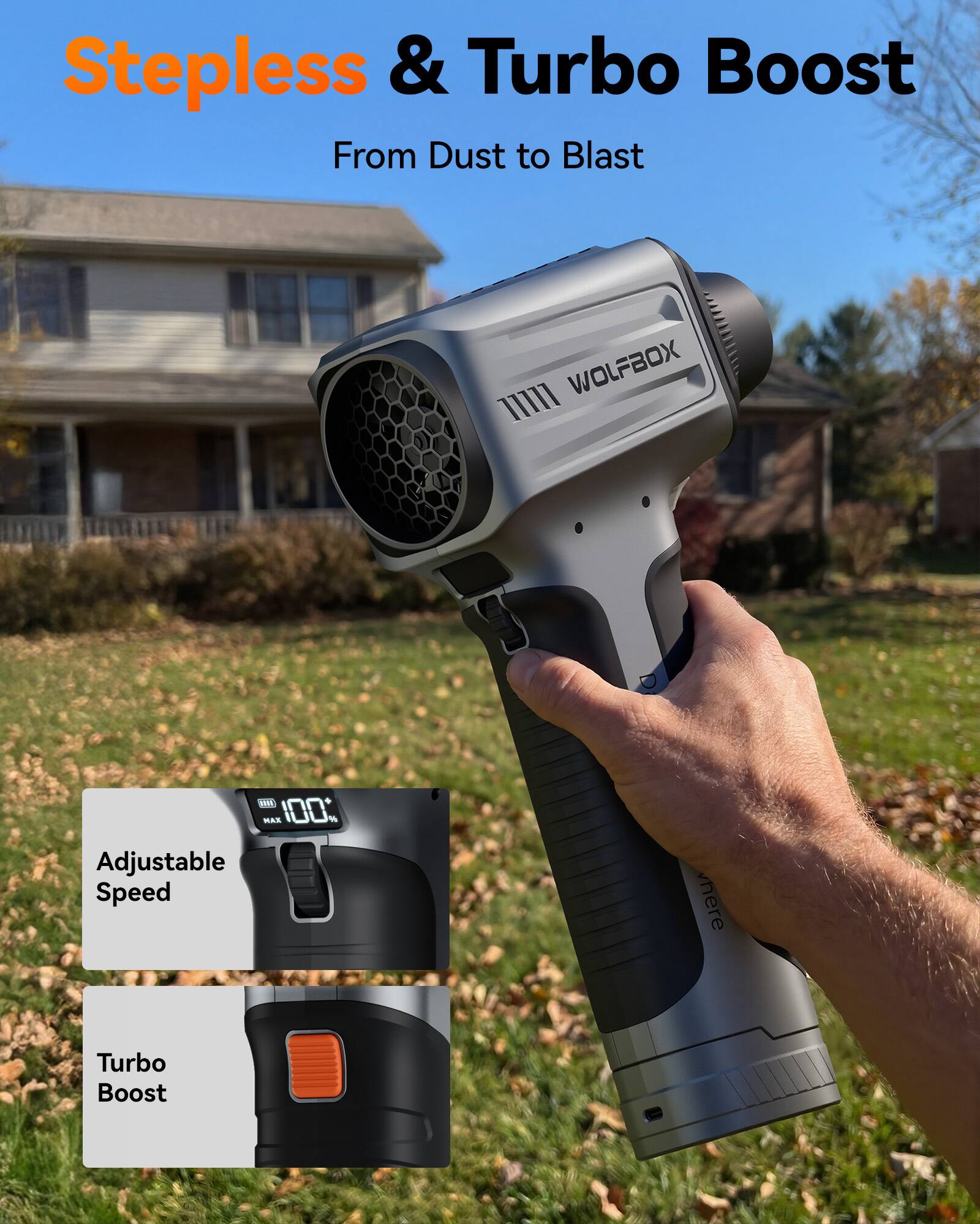 Stepless & Turbo Boost  
From Dust to Blast  

11111 WOLFBOX  
WA MAX 100% Adjustable Speed  
where  
Turbo Boost
