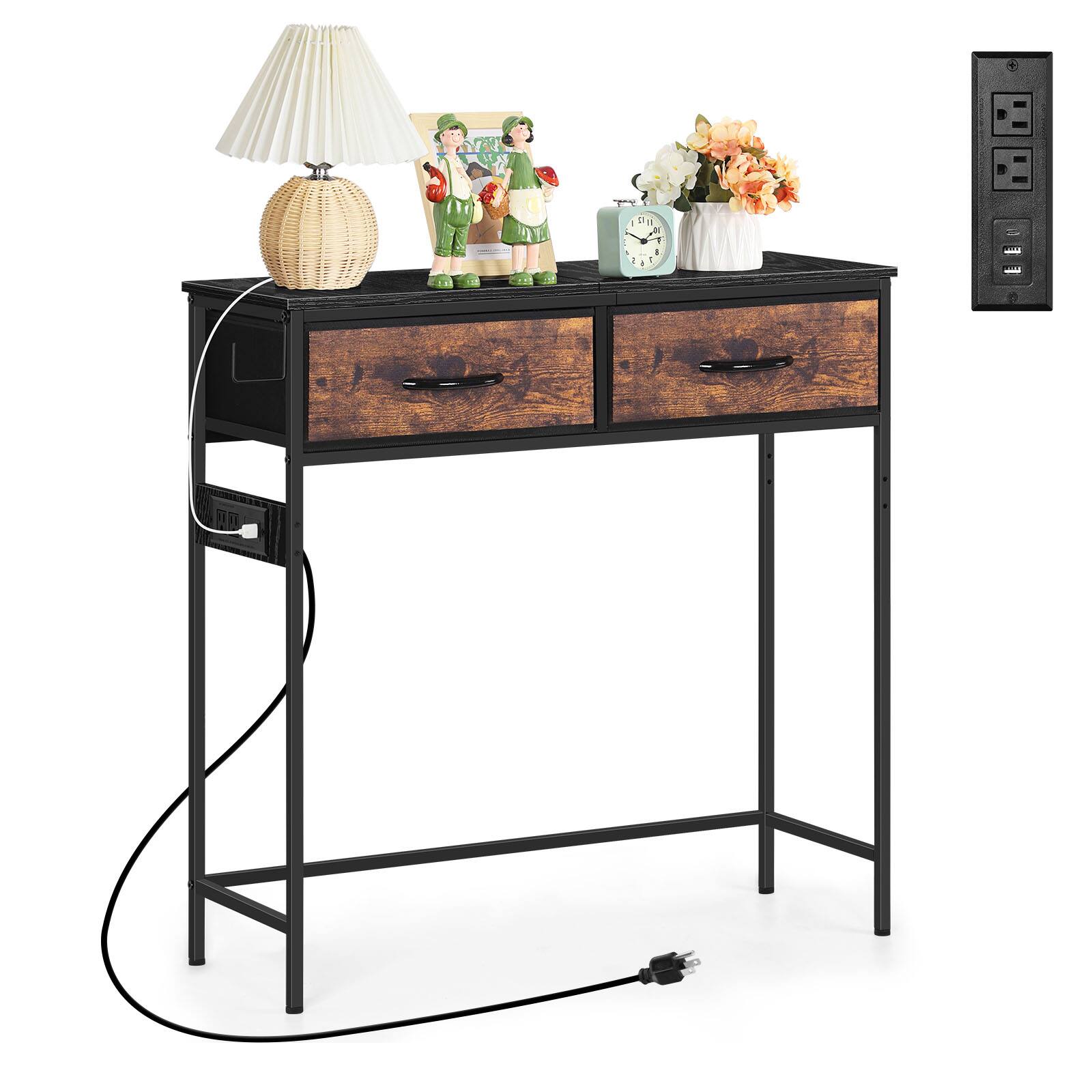 Oumilen - Industrial Narrow Console Table with Charging Station, 2 Fabric Drawers & Side Hooks - Brown