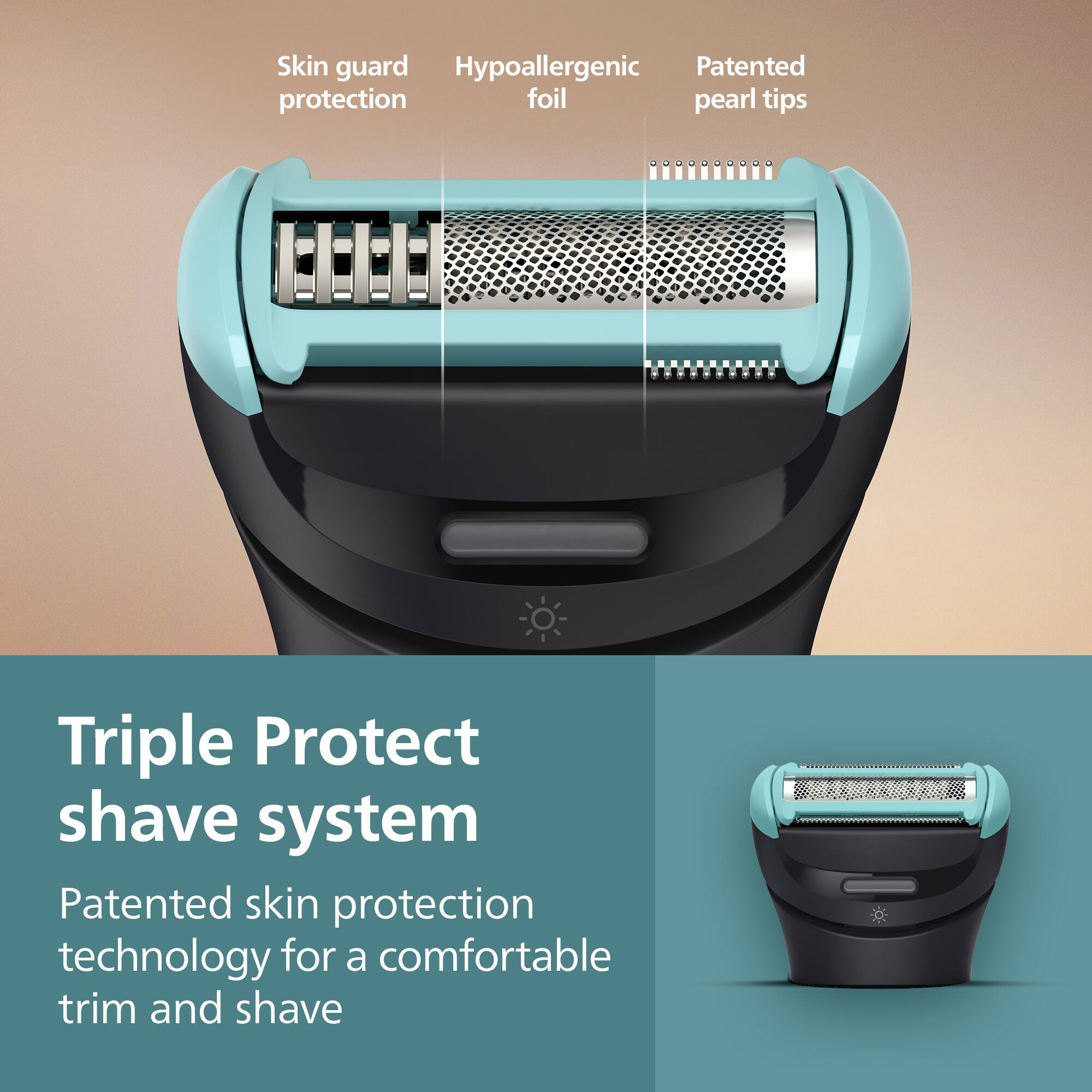 Triple Protect Shave System

- Skin guard protection
- Hypoallergenic foil
- Patented pearl tips

Patented skin protection technology for a comfortable trim and shave
