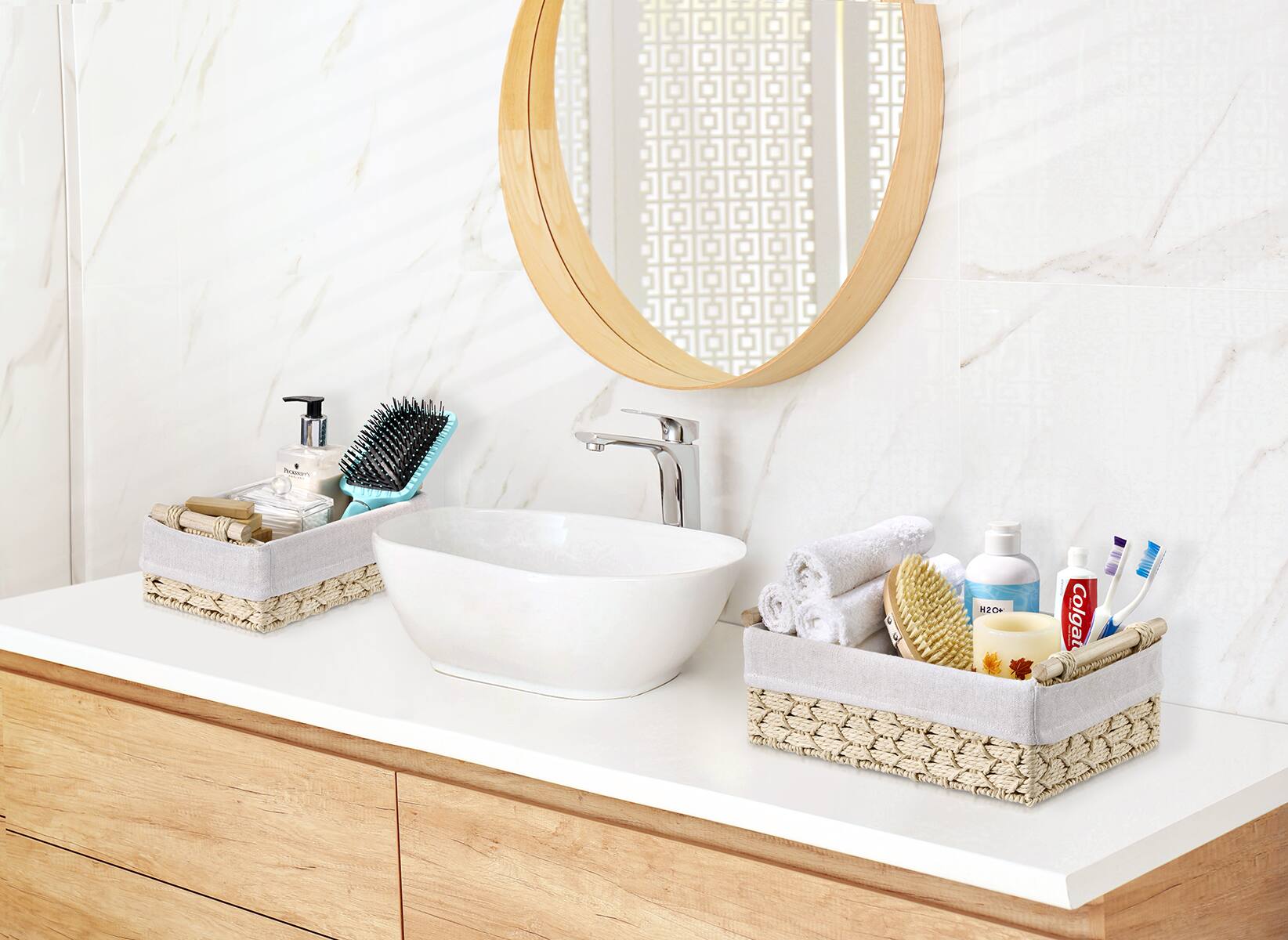 The text in the image reads:

- "Colgate" (on the toothpaste)
- "H2O+" (on the bottle)