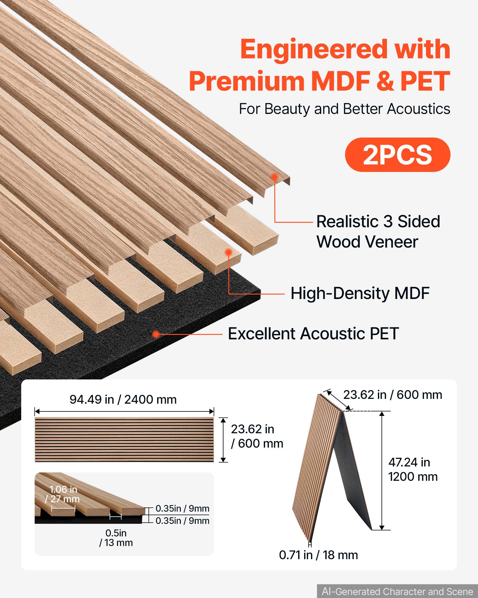 Engineered with Premium MDF & PET For Beauty and Better Acoustics

2PCS

Realistic 3 Sided Wood Veneer

High-Density MDF

Excellent Acoustic PET

94.49 in / 2400 mm

23.62 in / 600 mm

1.06 in / 27 mm

0.5 in / 13 mm

23.62 in / 600 mm

0.35 in / 9 mm

0.35 in / 9 mm

0.71 in / 18 mm

47.24 in / 1200 mm

AI-Generated Character and Scene
