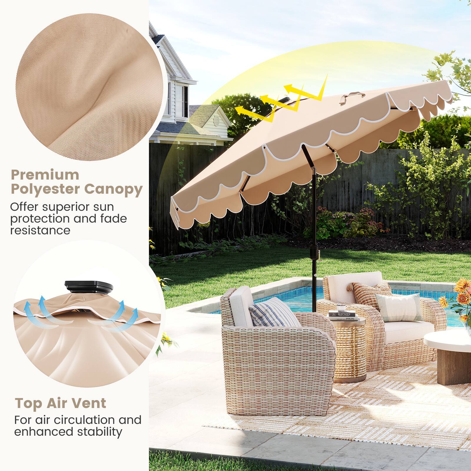 Premium Polyester Canopy  
Offer superior sun protection and fade resistance  

Top Air Vent  
For air circulation and enhanced stability