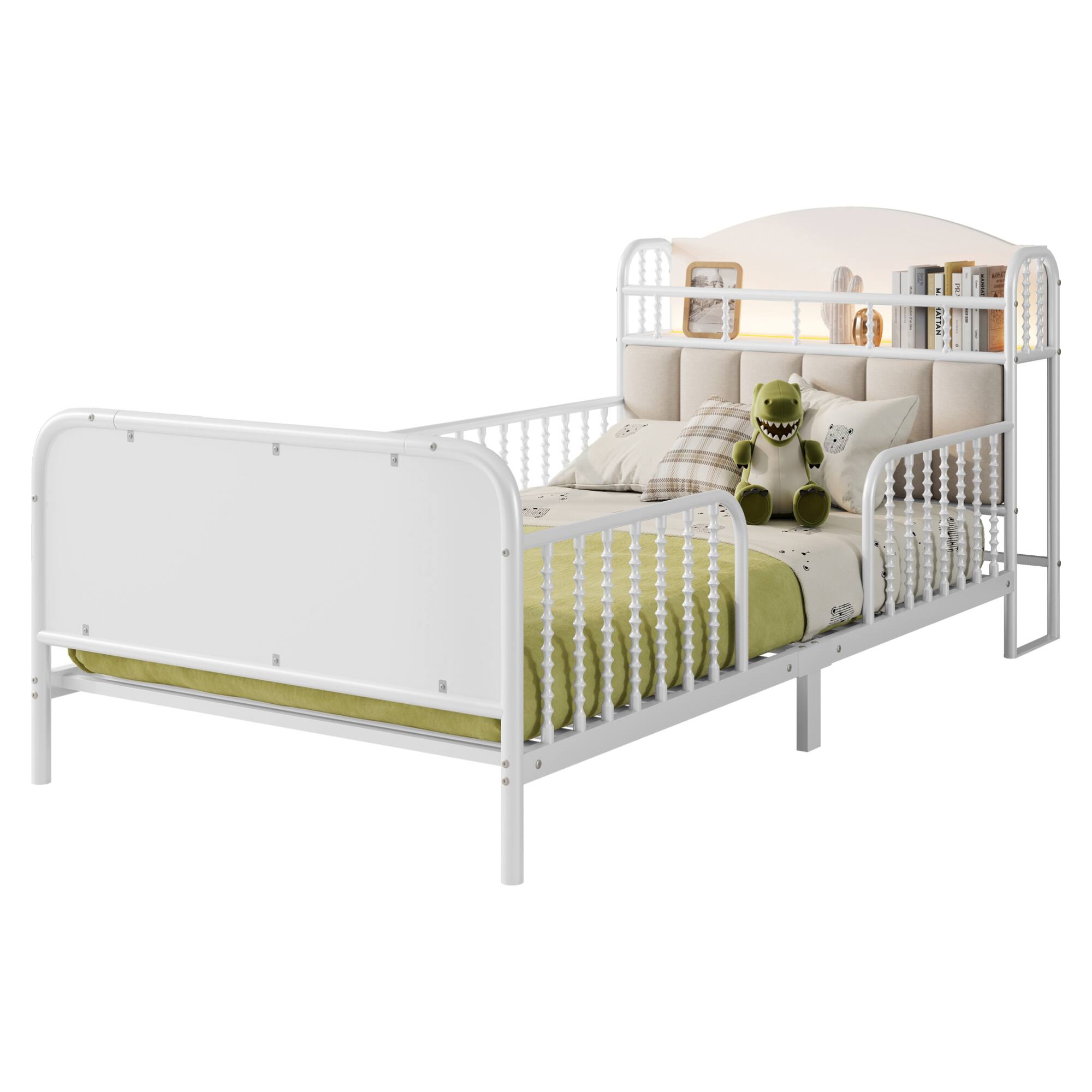 Alt View 2. GOODSILO - Kids Twin Metal Platform Bed Frame with Upholstered Headboard and LED Lighting - White.