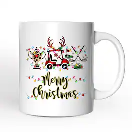 OrnamentallyYou - Golf Buffalo Plaid Christmas Mug, Golf Cart, Putter and Trophy Golfing Gift - White