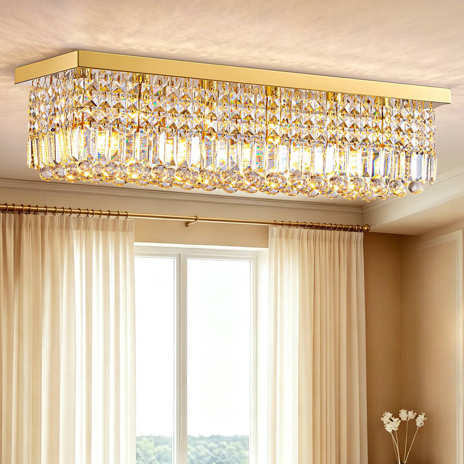 Angle. Siljoy - 31.5" 6-Light Gold Linear K9 Crystal Chandelier, Flush Mount Dimmable E12 Ceiling Light for Dining Kitchen Living Room - Gold.