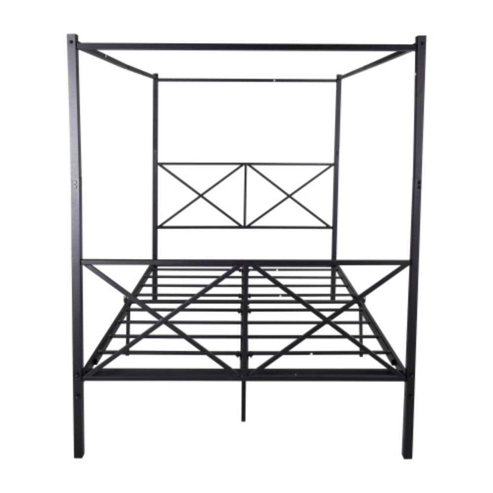 Alt View 1. LUCKY ONE - Queen Size Metal Canopy Bed Frame with X-Shaped Frame, Platform Bed, Steel Construction, No Box Spring Needed - Black.
