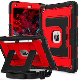 UUCOVER - Rugged Protective Case for iPad 9th 8th 7th Gen 10.2-inch (2021/2020/2019) Shockproof Stand Cover with Shoulder Strap - Red+Black