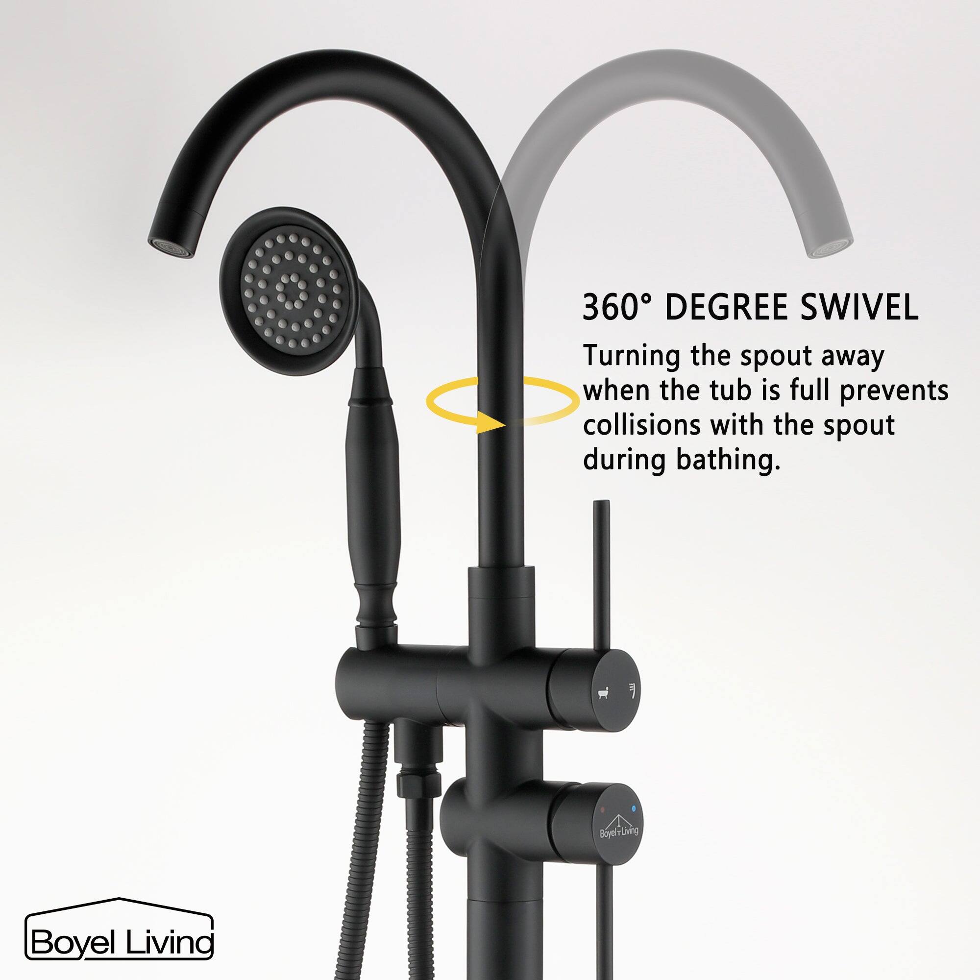 360 DEGREE SWIVEL Turning the spout away when the tub is full prevents collisions with the spout during bathing. F Boyel Living