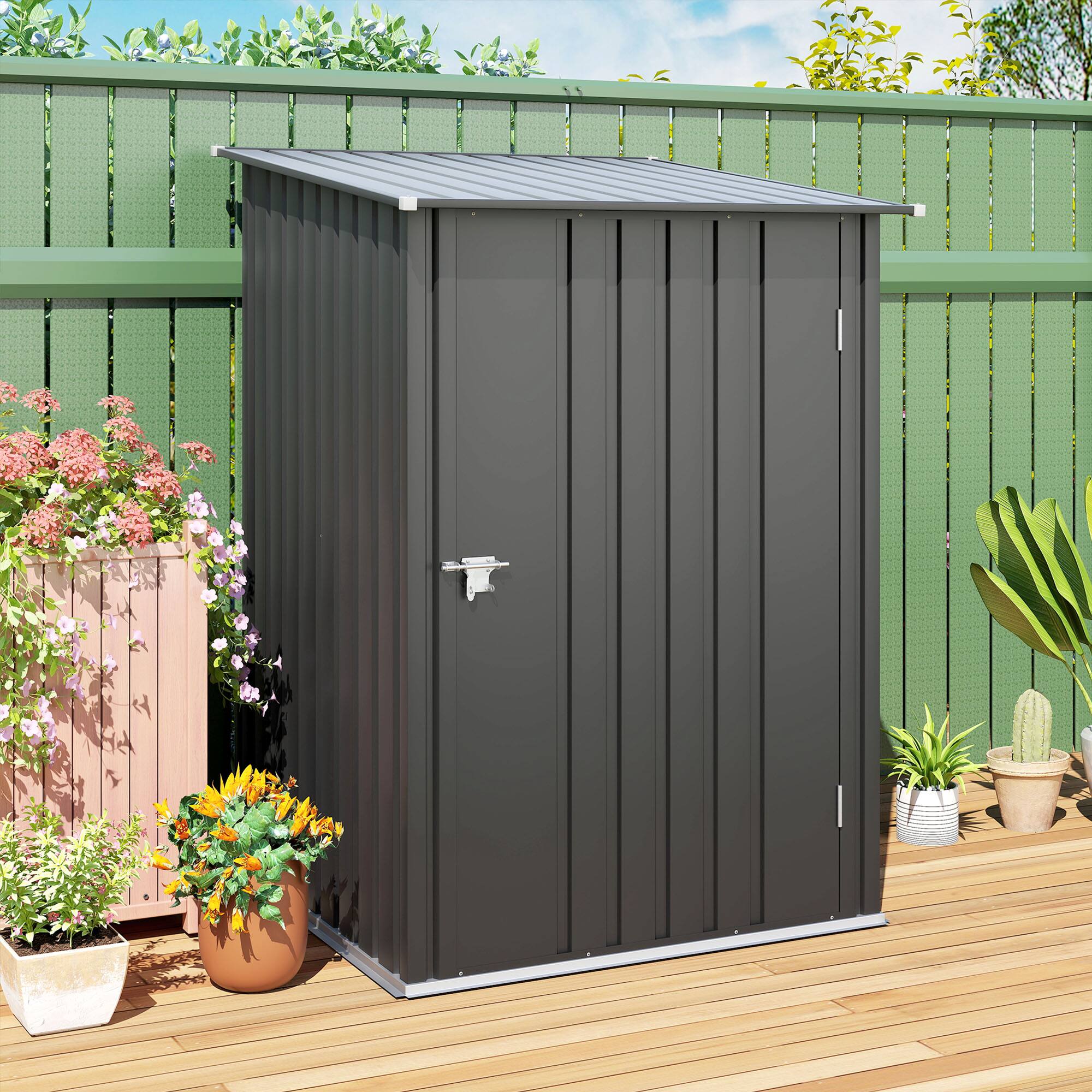 Alt View 5. Outsunny - Outsunny 3.3' x 3.4' Outdoor Storage Shed, Metal Garden Tool House with Sloping Roof and Lockable Door - Dark Gray.