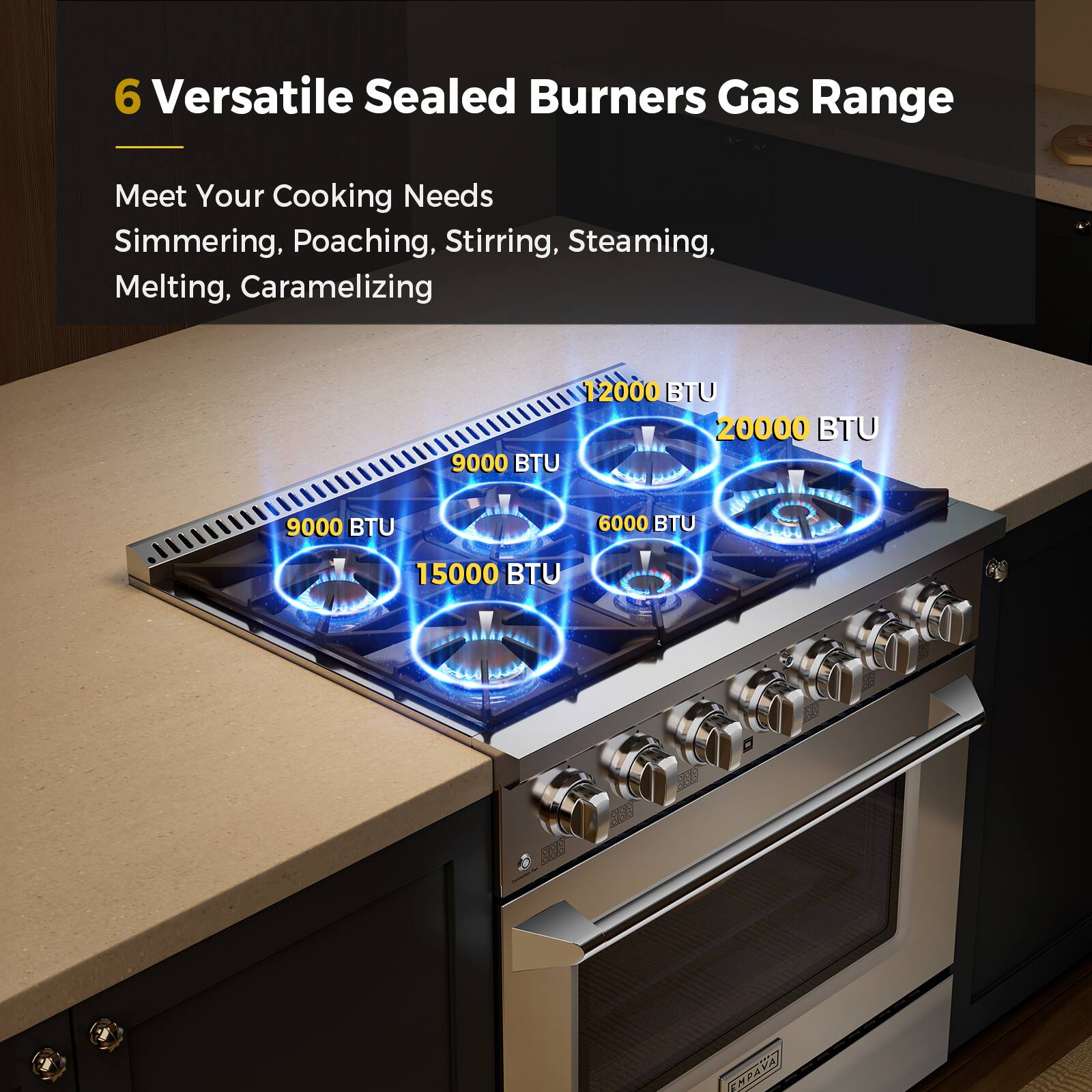 6 Versatile Sealed Burners Gas Range
Meet Your Cooking Needs
Simmering, Poaching, Stirring, Steaming, Melting, Caramelizing
9000 BTU
9000 BTU
6000 BTU
15000 BTU
12000 BTU
20000 BTU