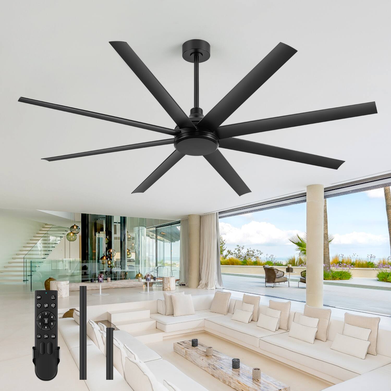 Back. Breezary - 65-Inch Ceiling Fan with 8 ABS Blades, 6-Speed DC Motor, Remote Control with Timer, 2 Downrods, Light/No-Light Options - Black(No Light).