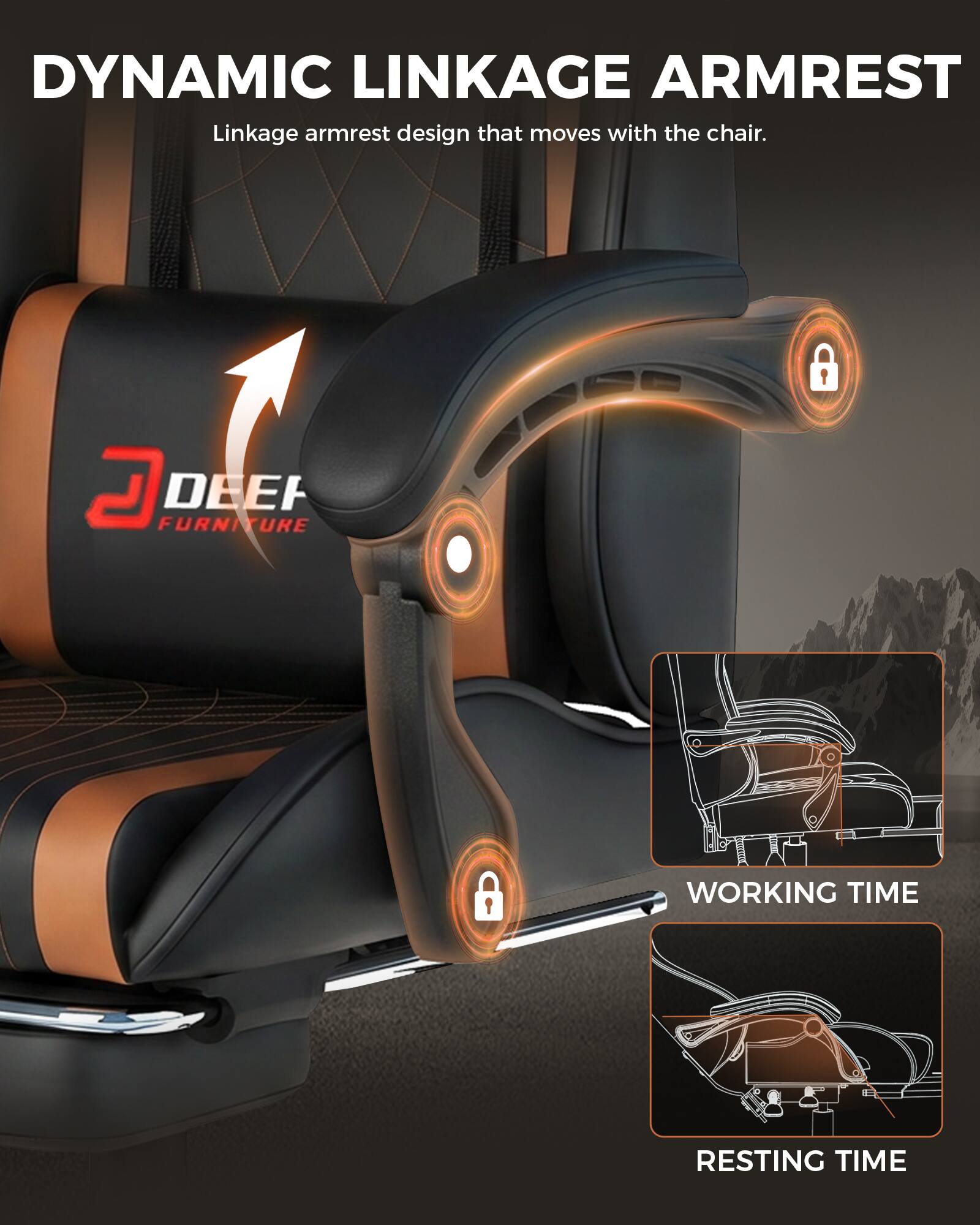DYNAMIC LINKAGE ARMREST  
Linkage armrest design that moves with the chair.  

I  
D FURNITURE DEEF  

WORKING TIME  
RESTING TIME